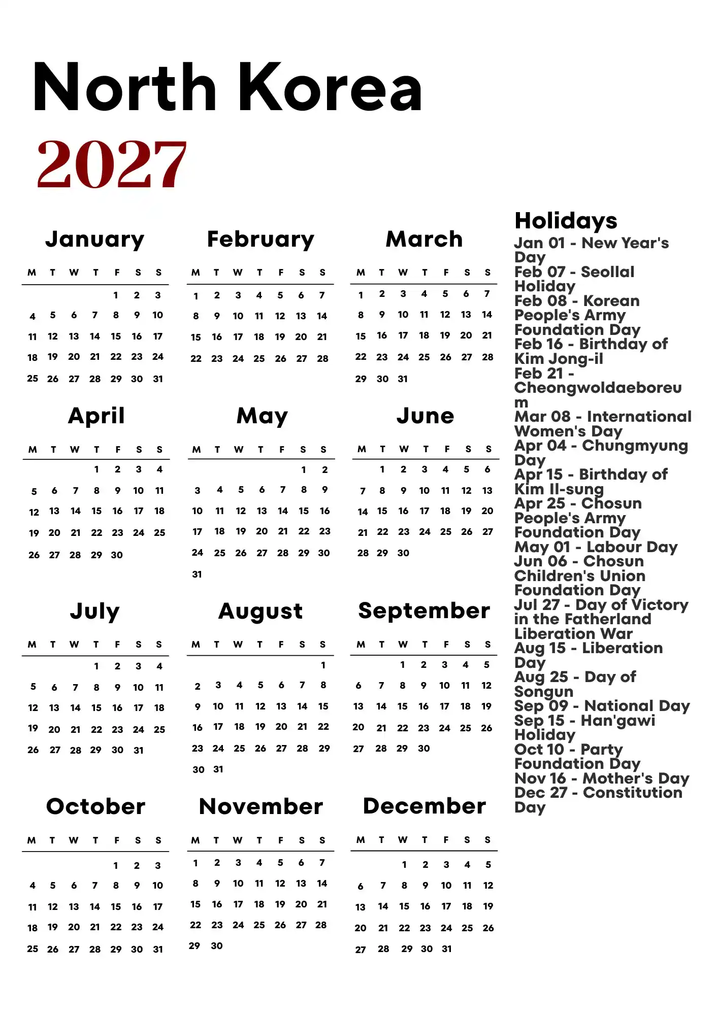 North Korea Calendar 2027