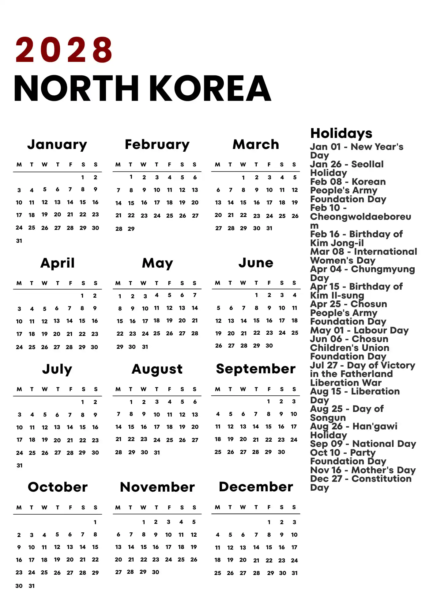 North Korea Calendar 2028