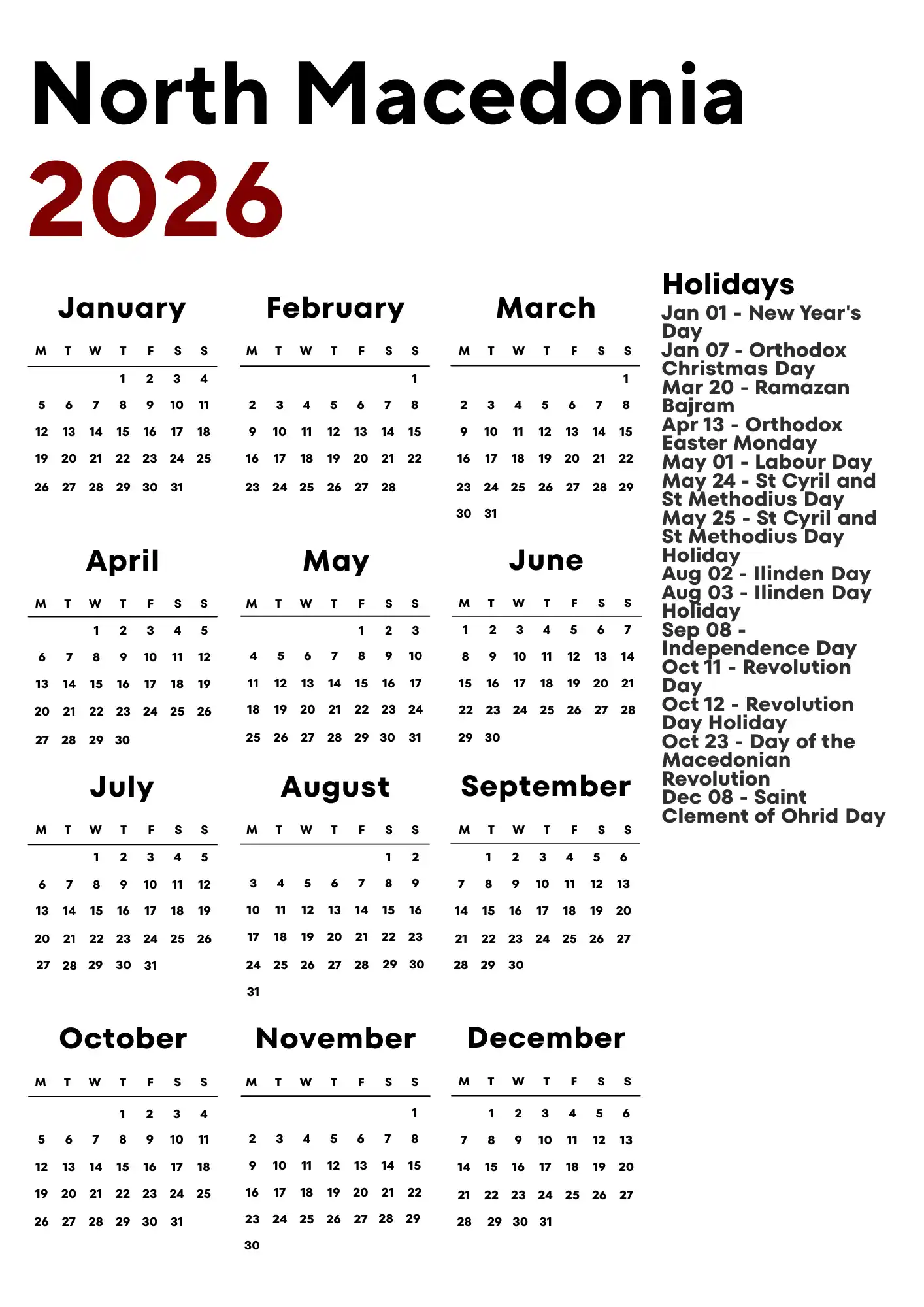 North Macedonia Calendar 2026