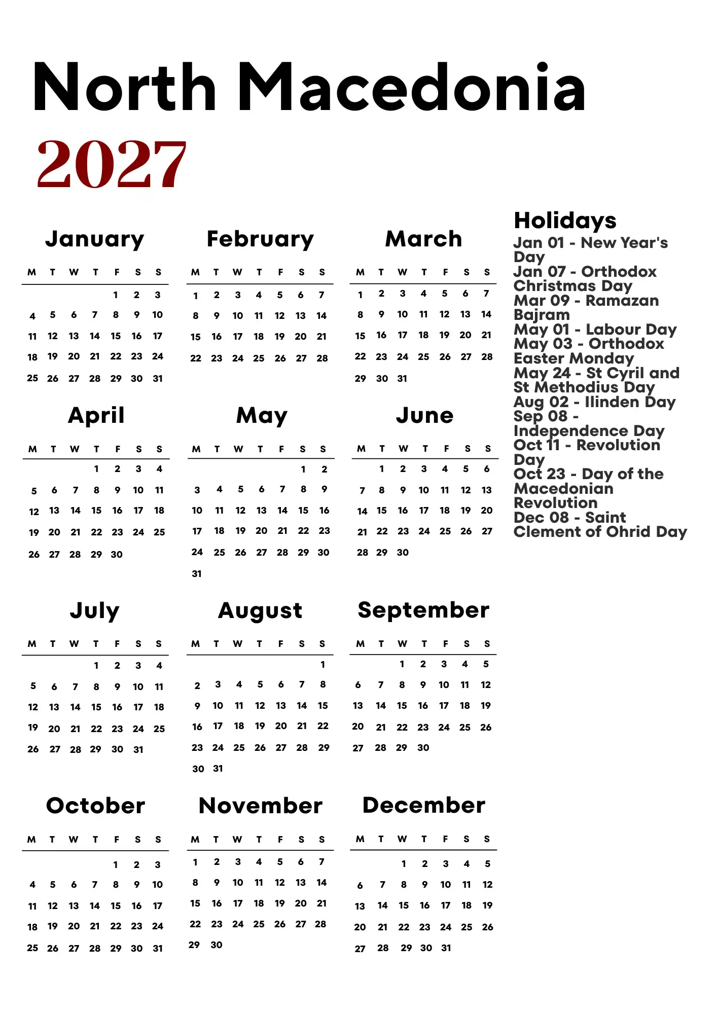 North Macedonia Calendar 2027