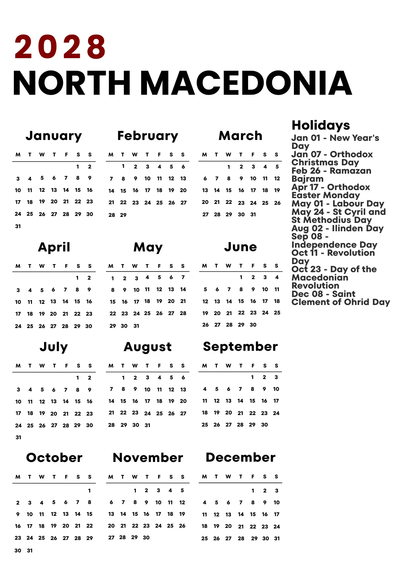 North Macedonia Calendar 2028