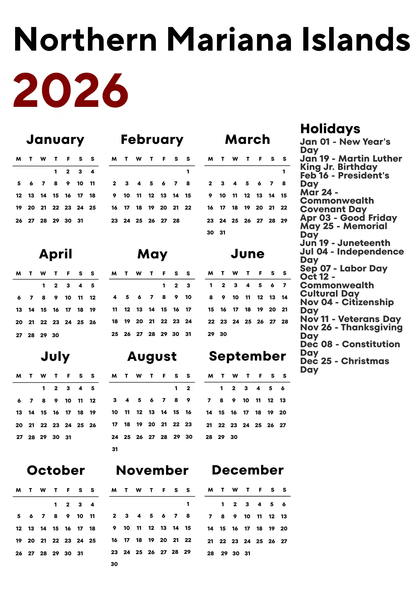 Northern Mariana Islands Calendar 2026