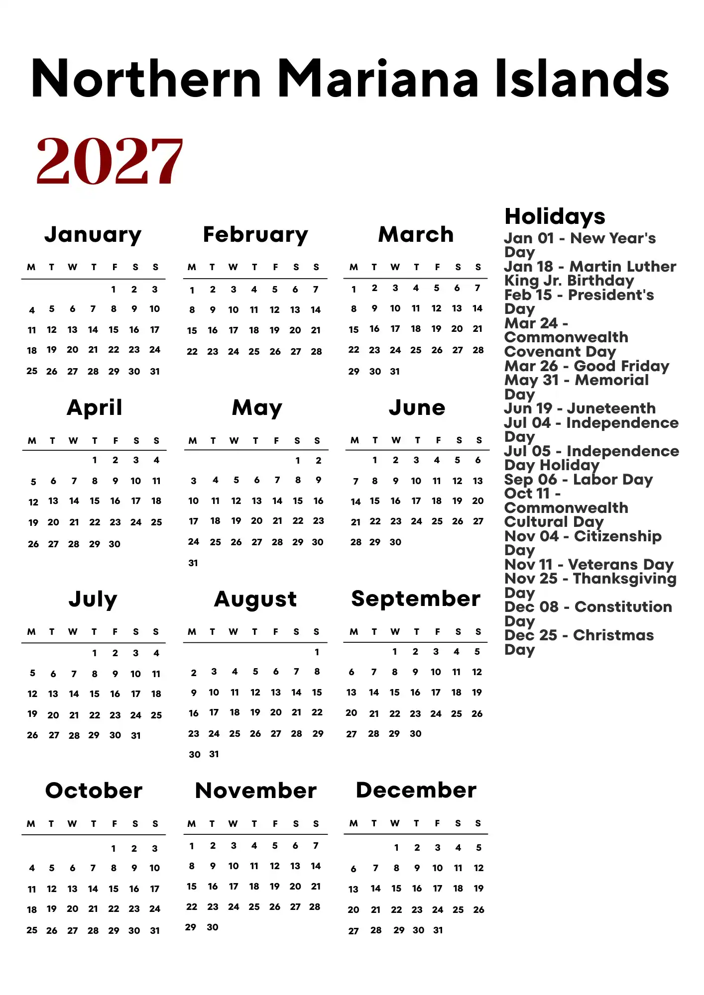 Northern Mariana Islands Calendar 2027