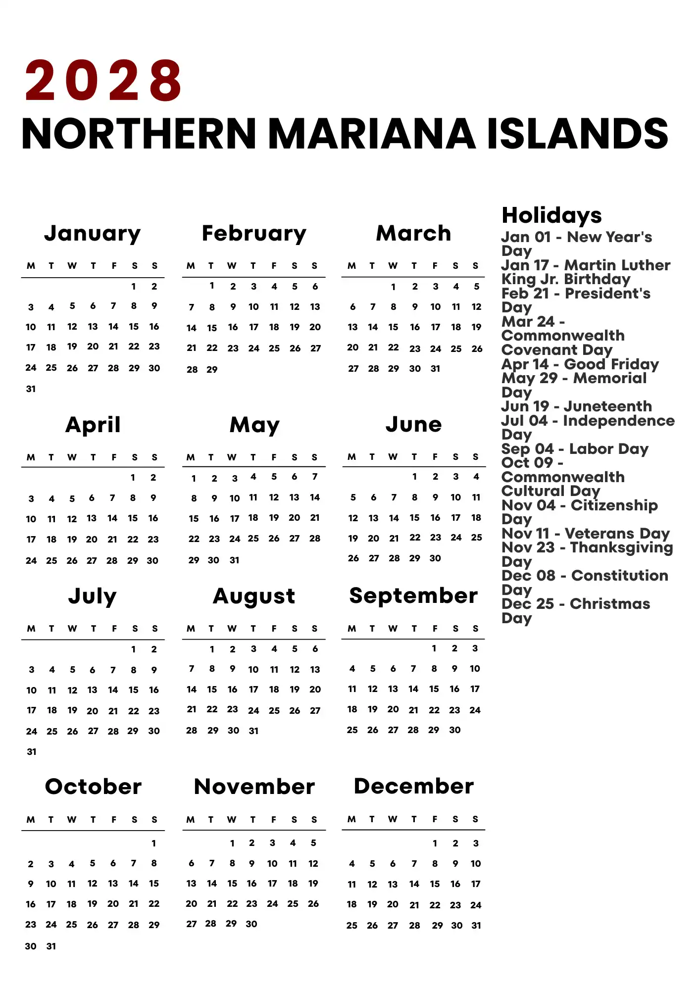 Northern Mariana Islands Calendar 2028