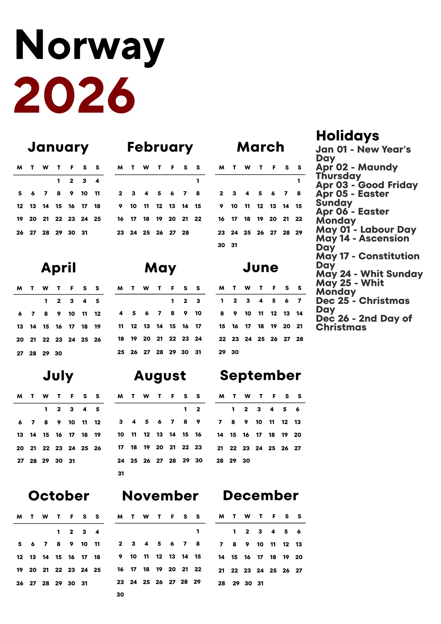 Norway Calendar 2026