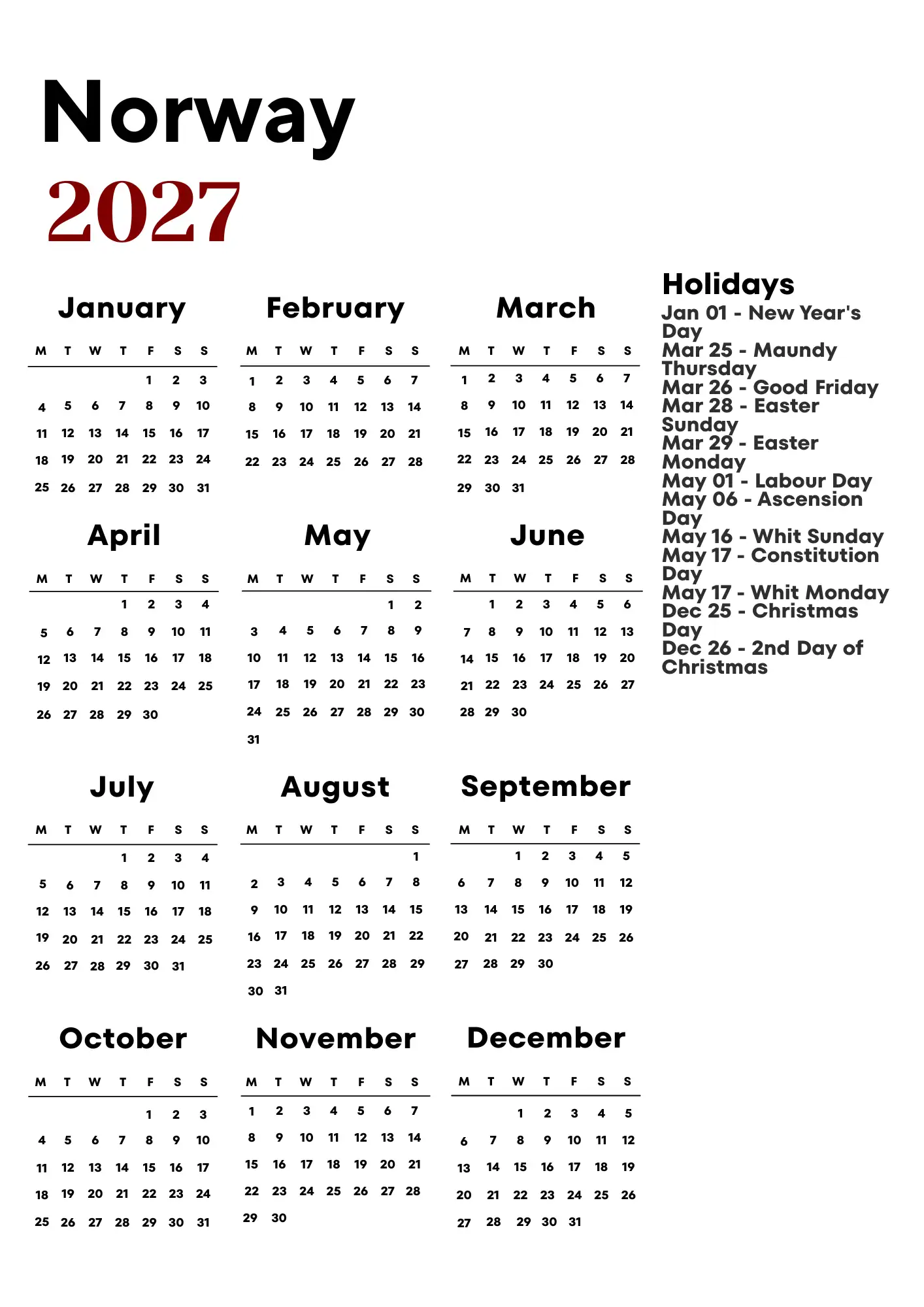 Norway Calendar 2027