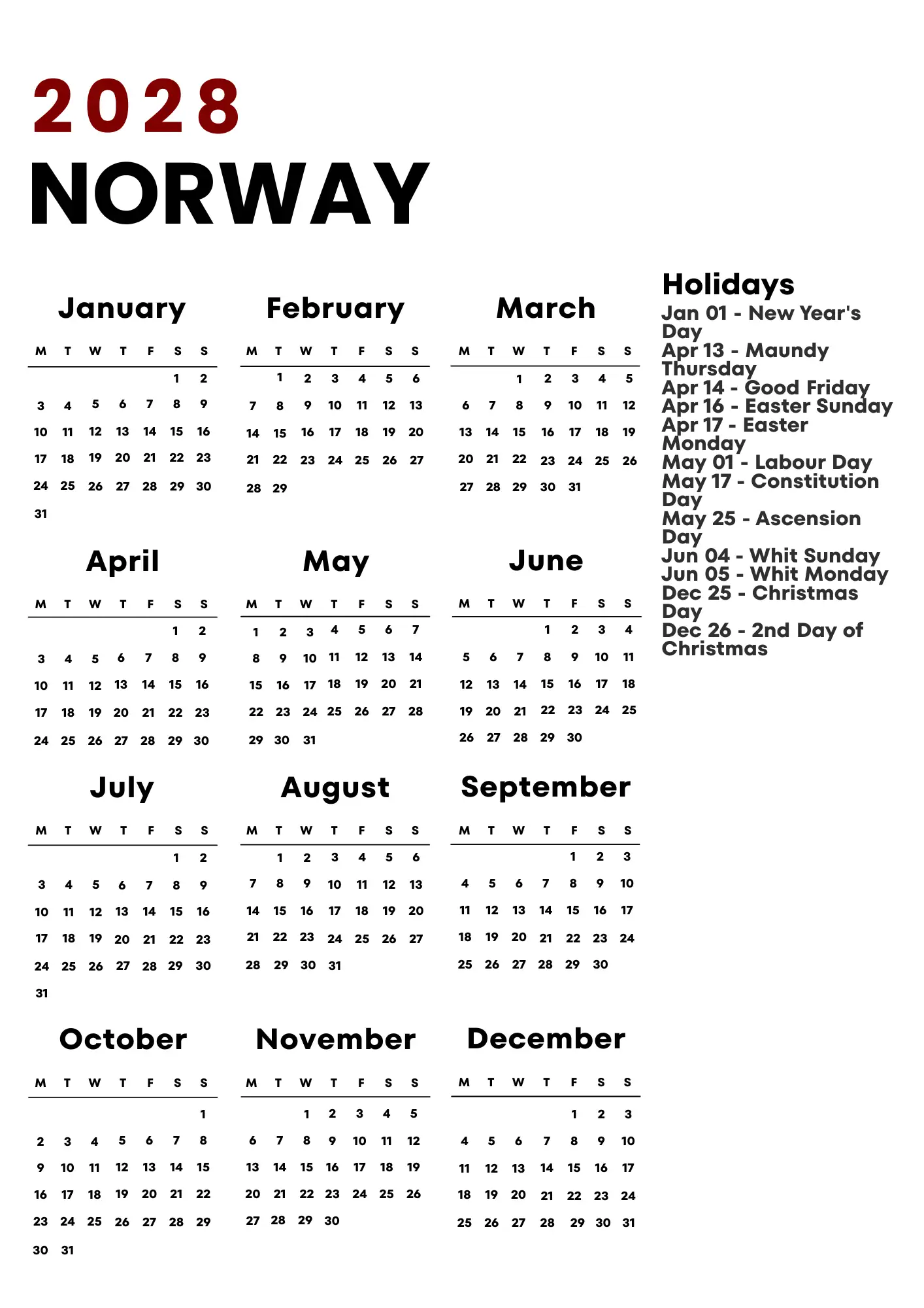 Norway Calendar 2028