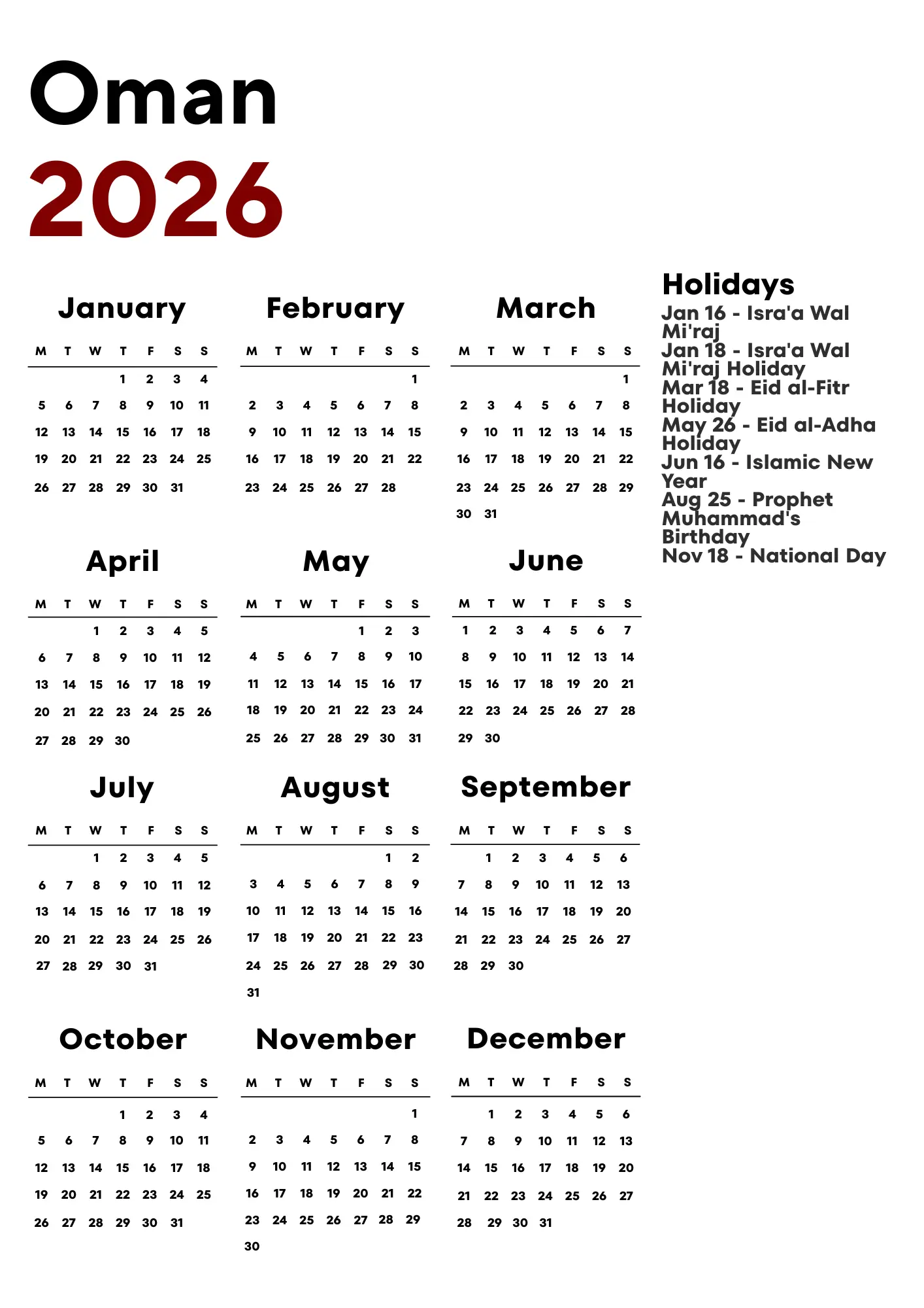 Oman Calendar 2026