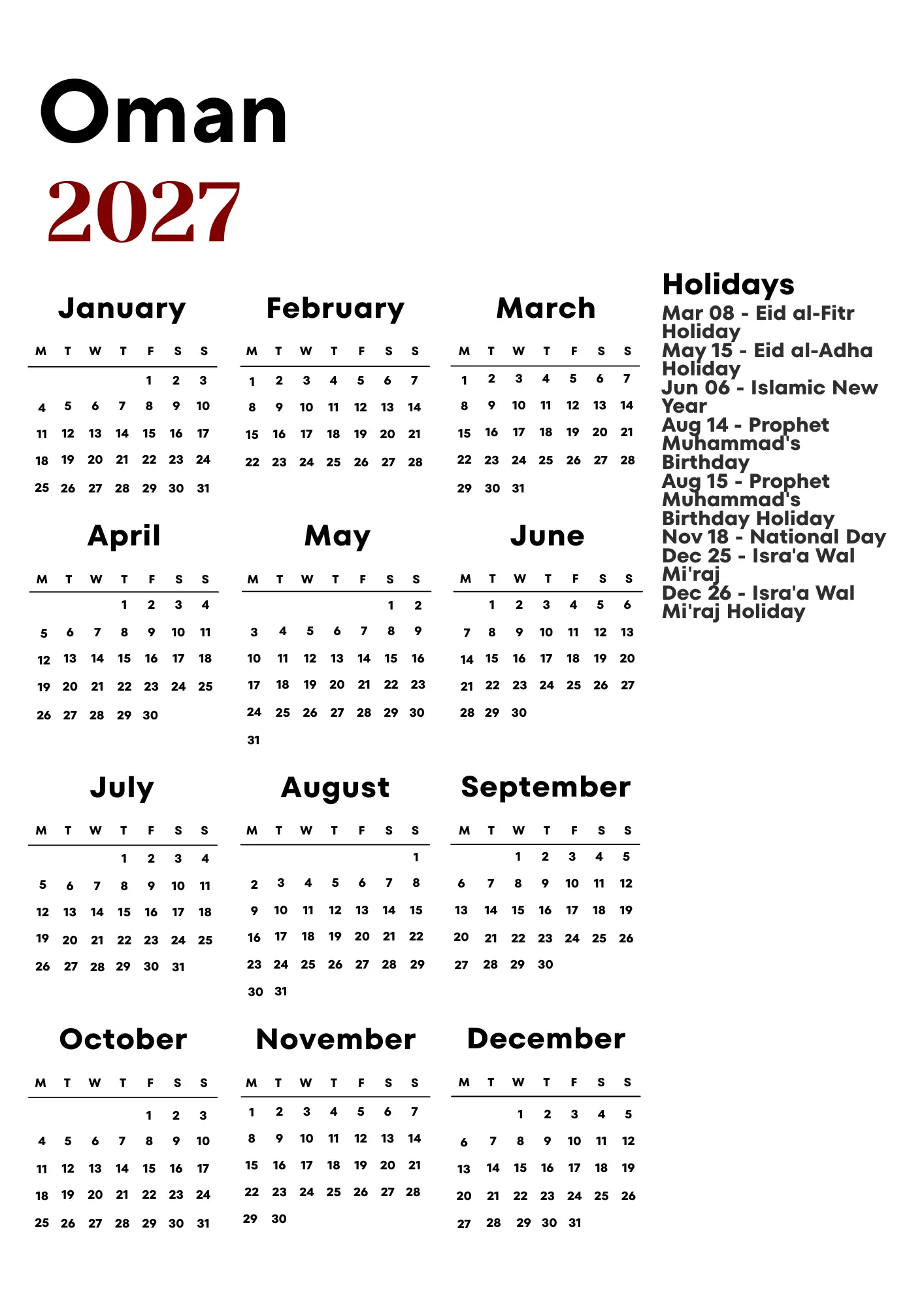 Oman Calendar 2027