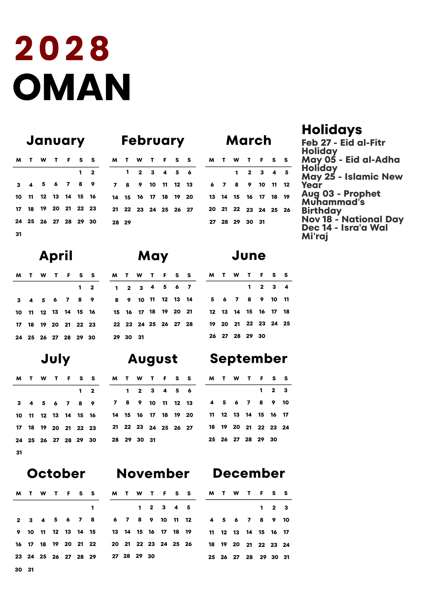 Oman Calendar 2028