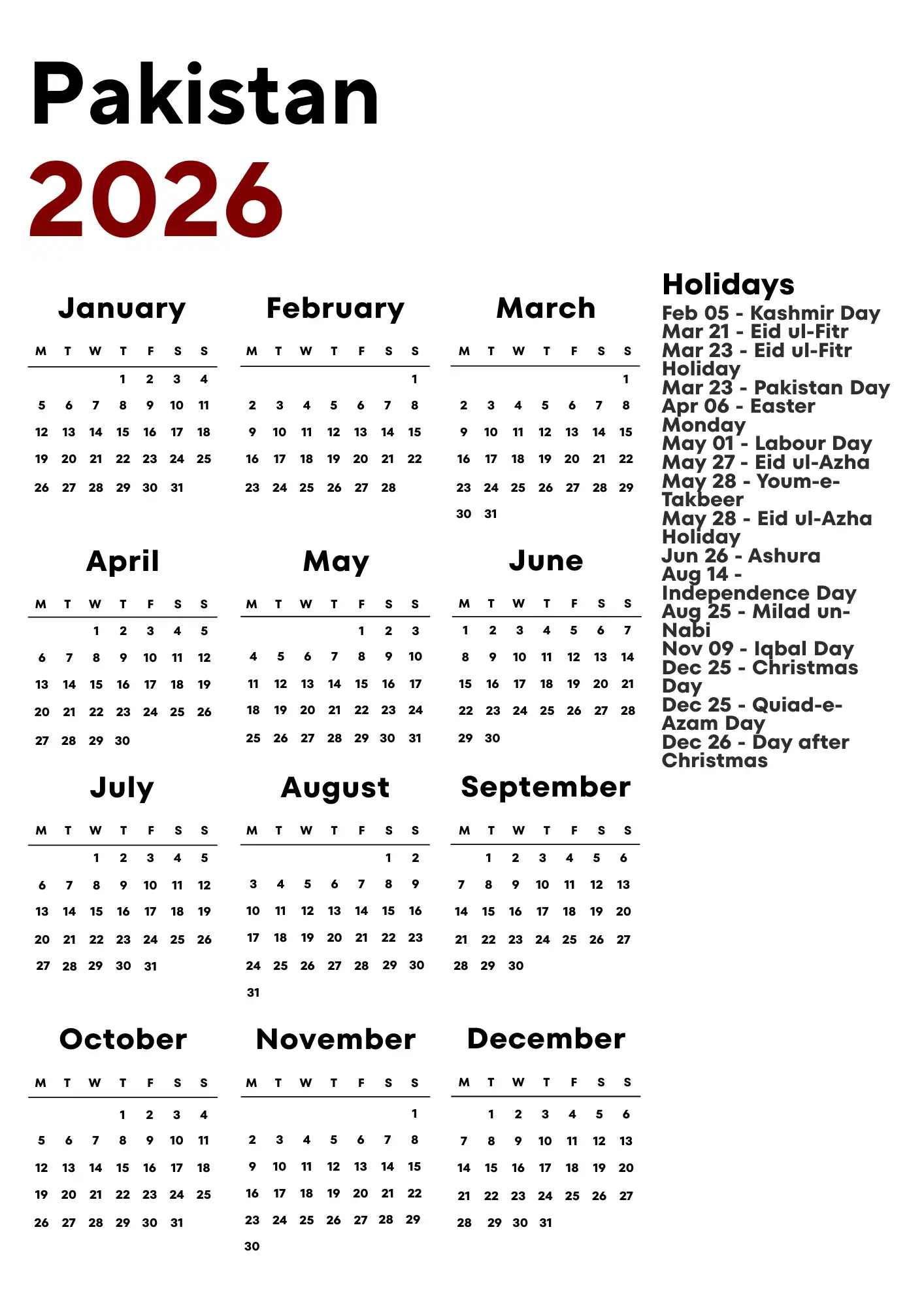 Pakistan Calendar 2026