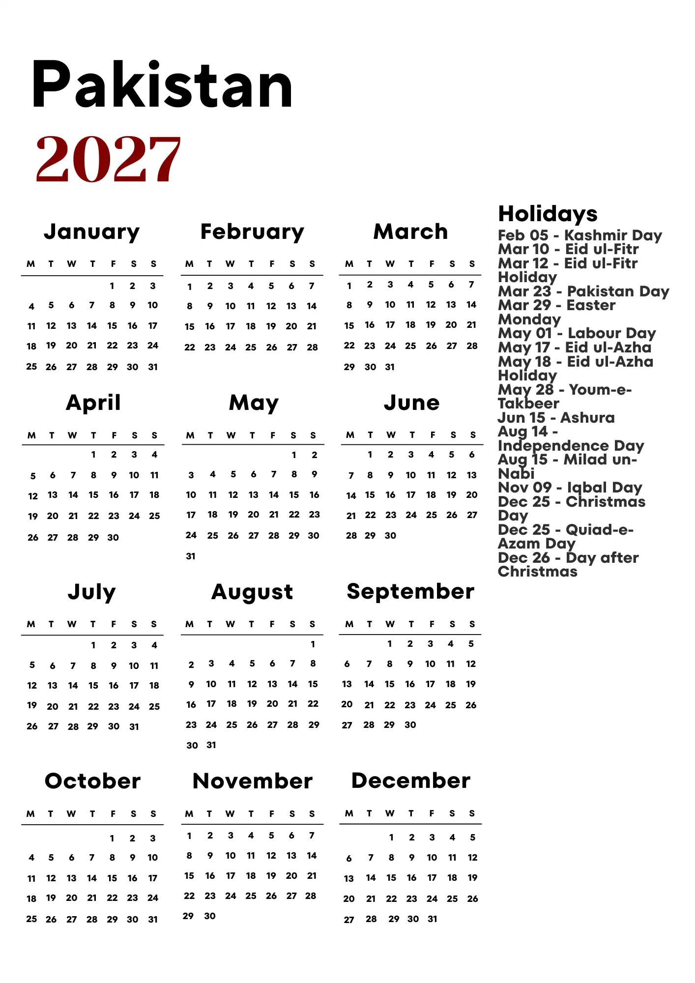 Pakistan Calendar 2027