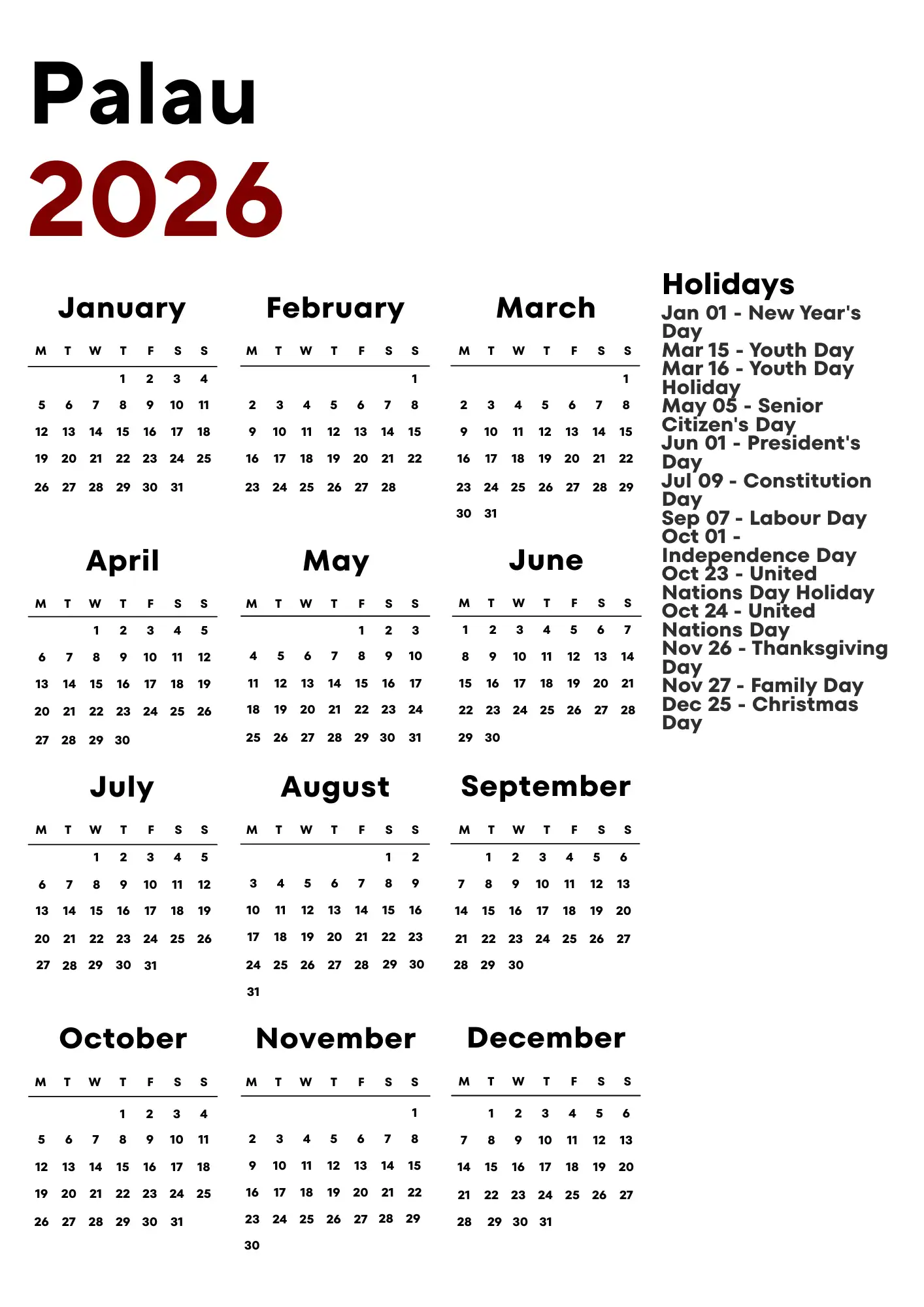 Palau Calendar 2026