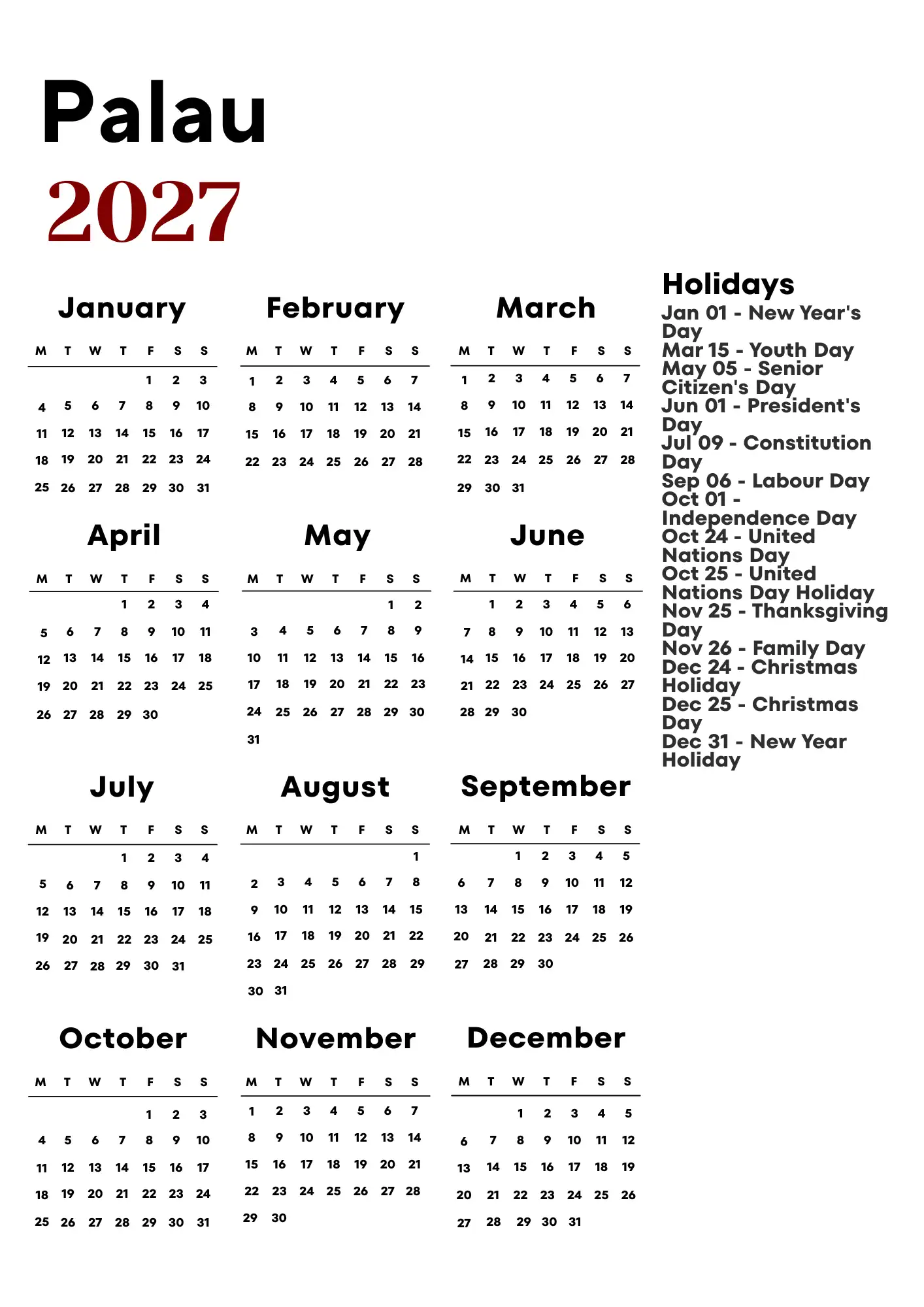 Palau Calendar 2027