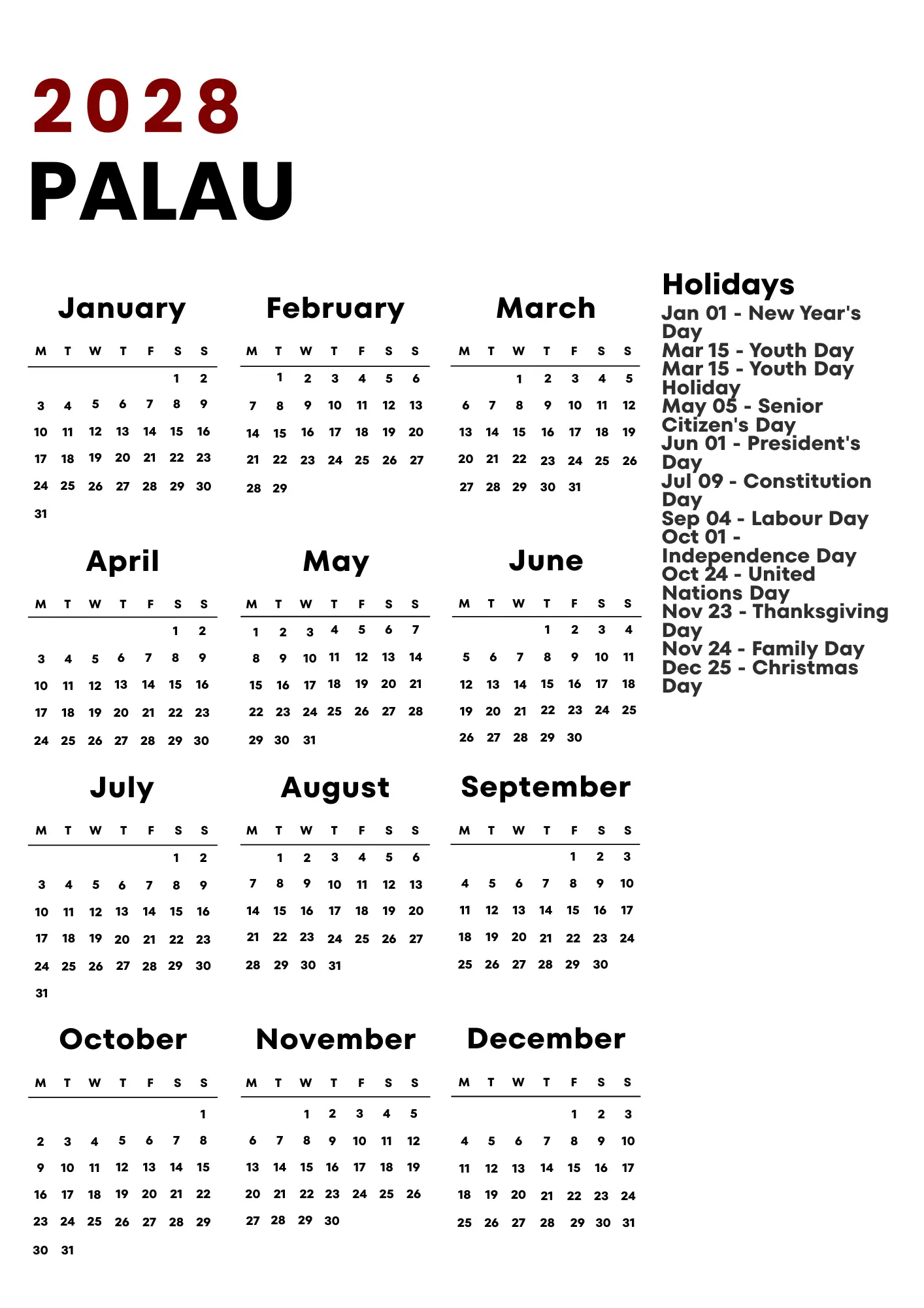 Palau Calendar 2028