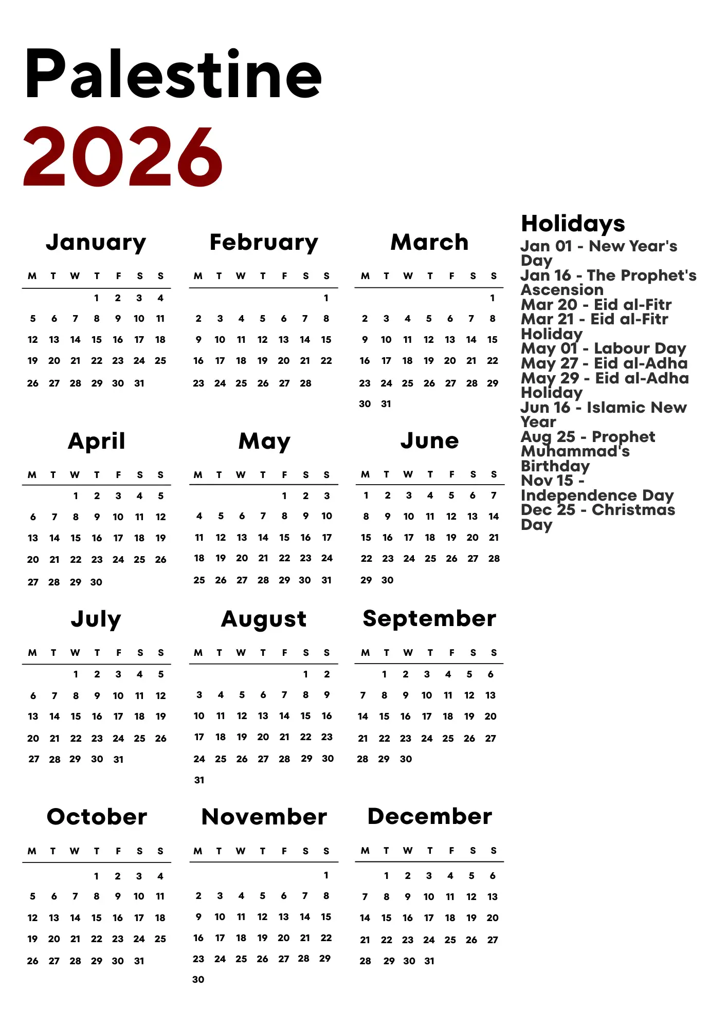 Palestine Calendar 2026