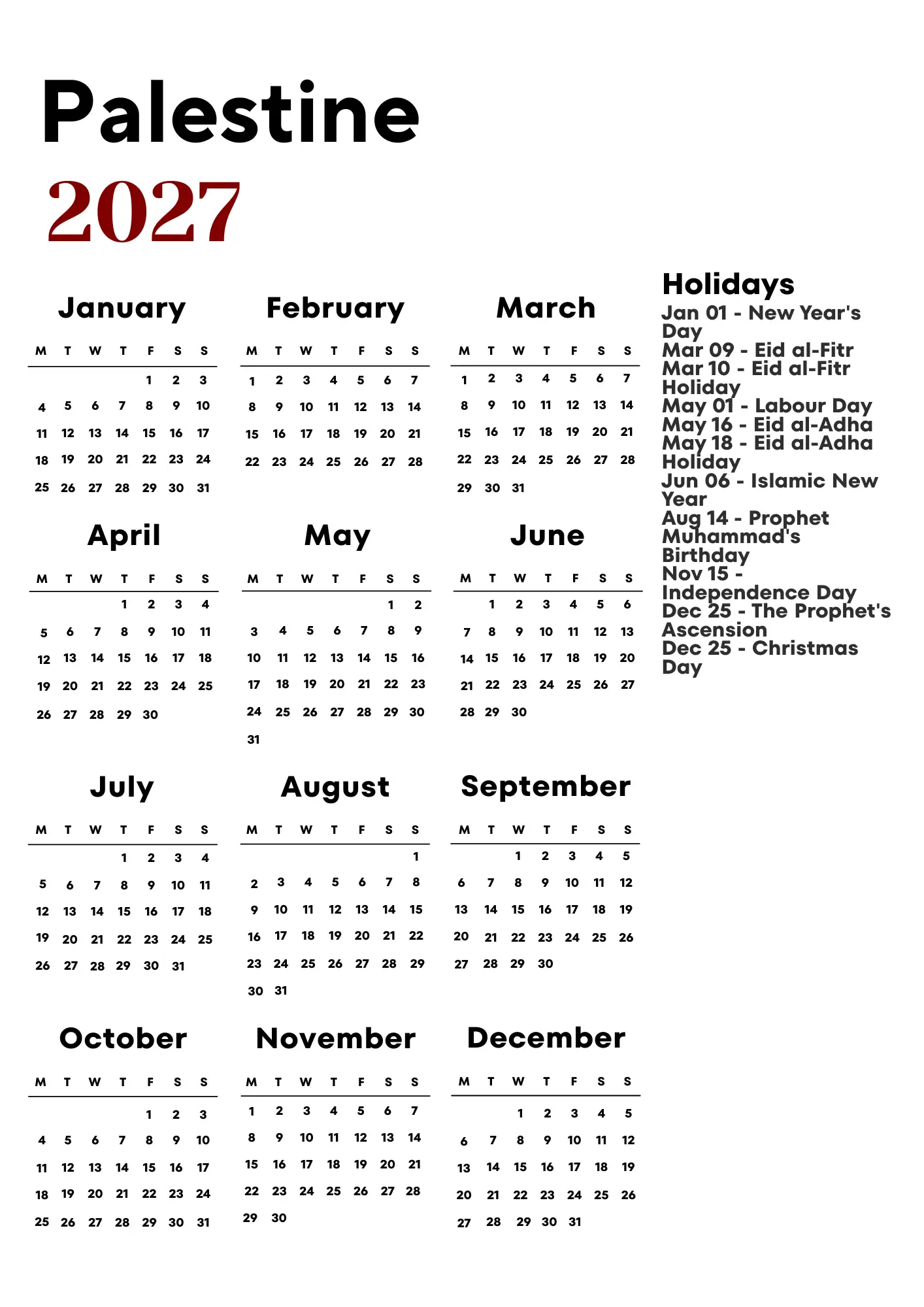 Palestine Calendar 2027