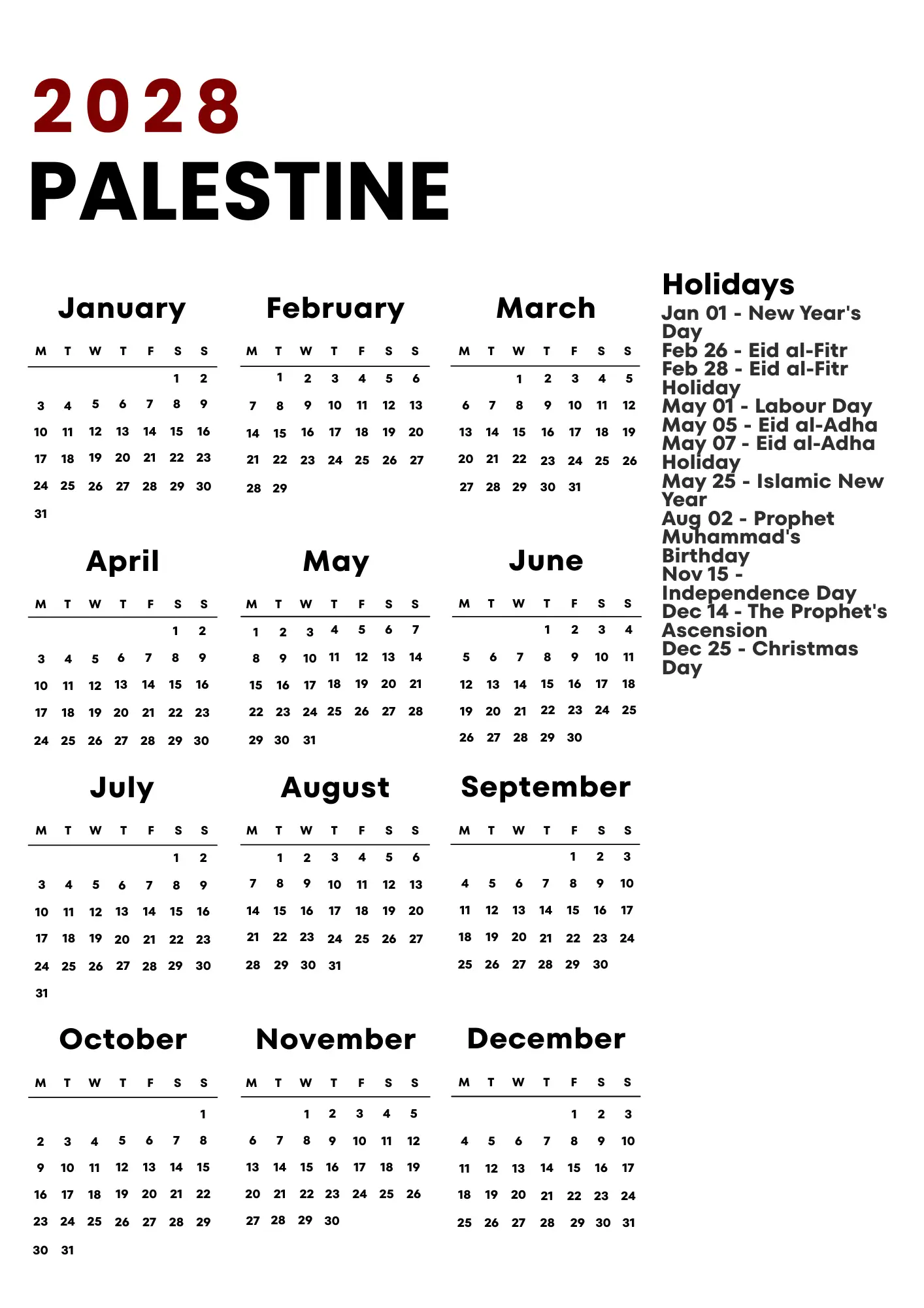 Palestine Calendar 2028