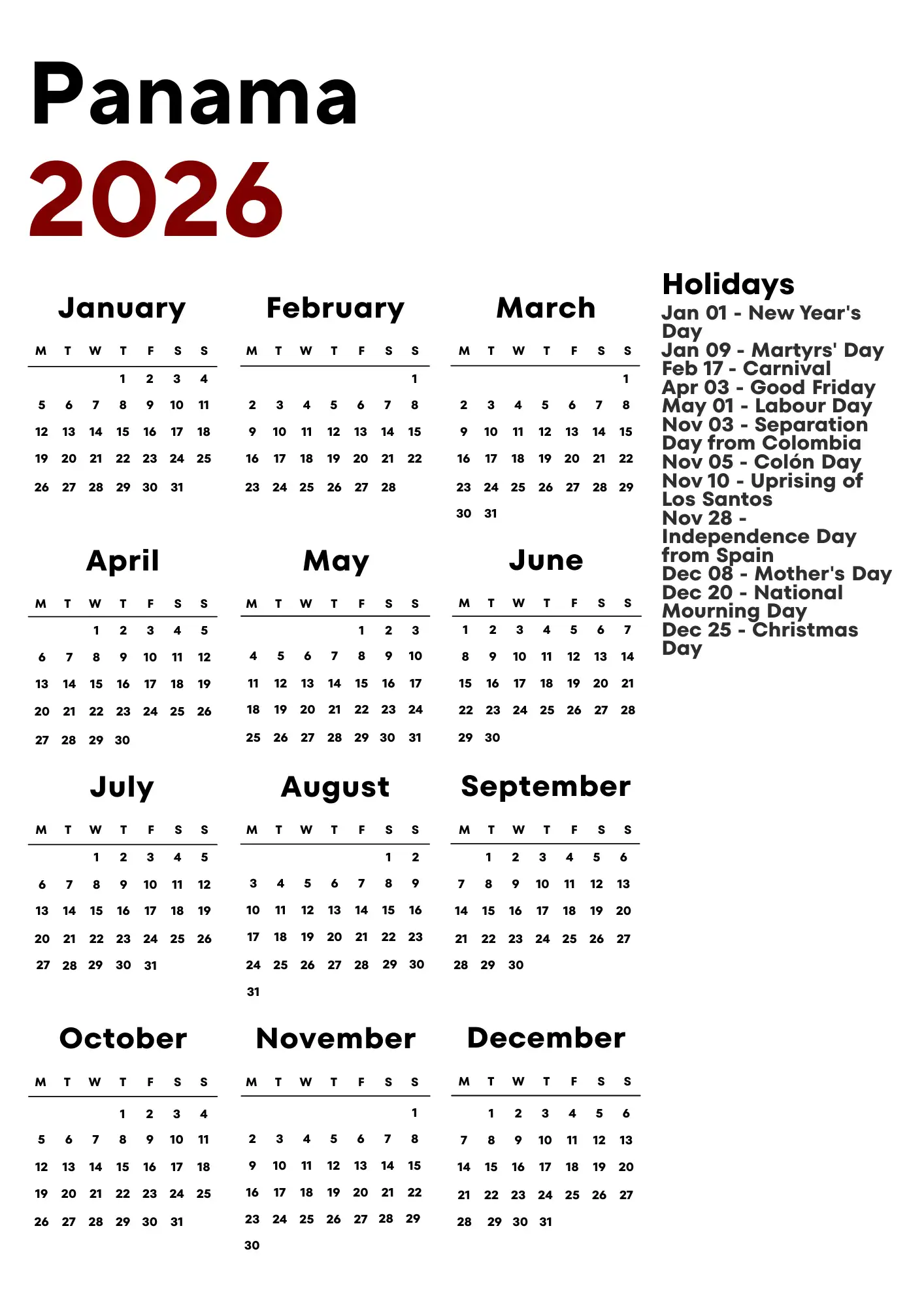 Panama Calendar 2026