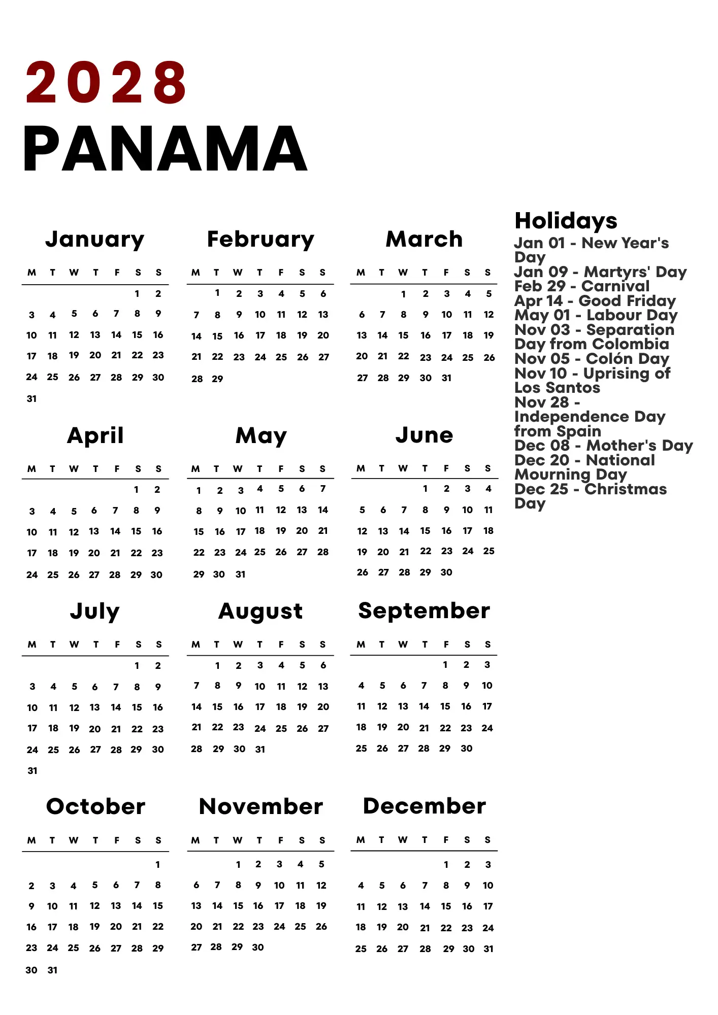 Panama Calendar 2028