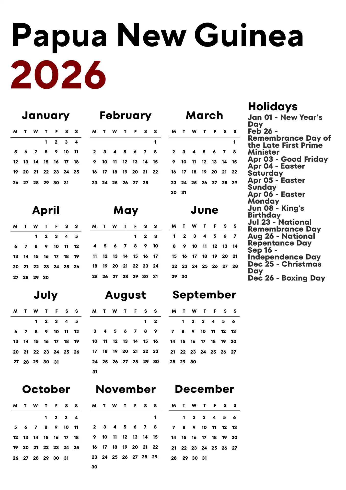 Papua New Guinea Calendar 2026