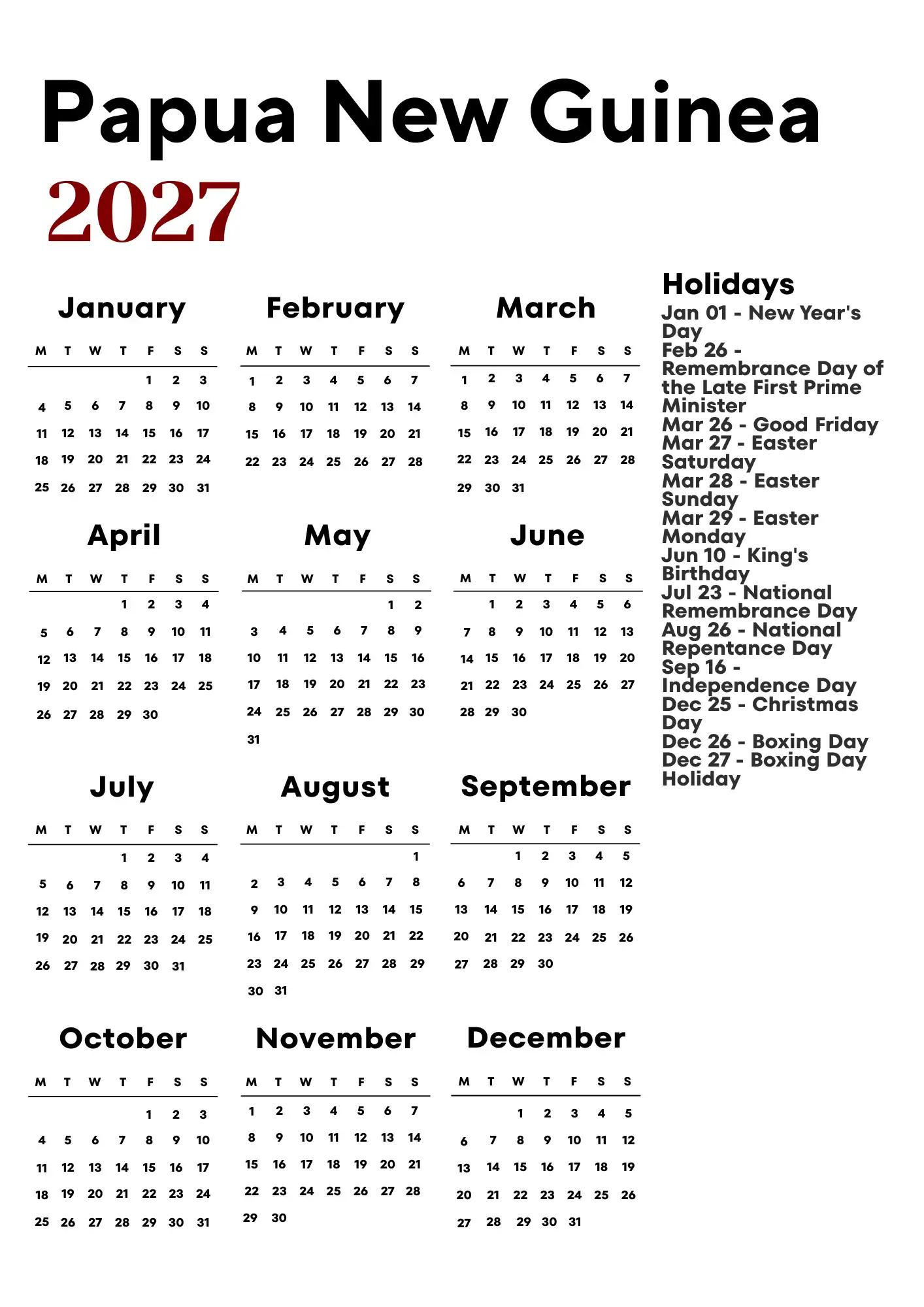 Papua New Guinea Calendar 2027