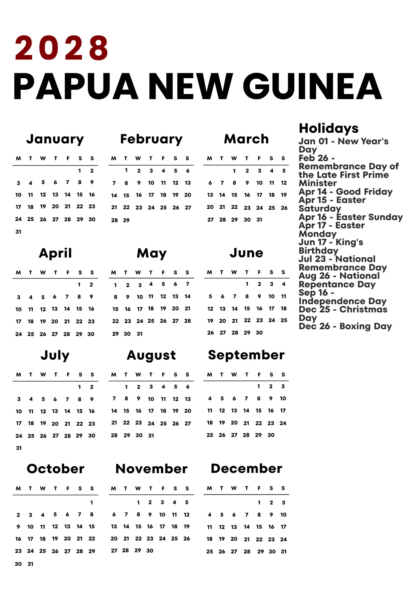 Papua New Guinea Calendar 2028