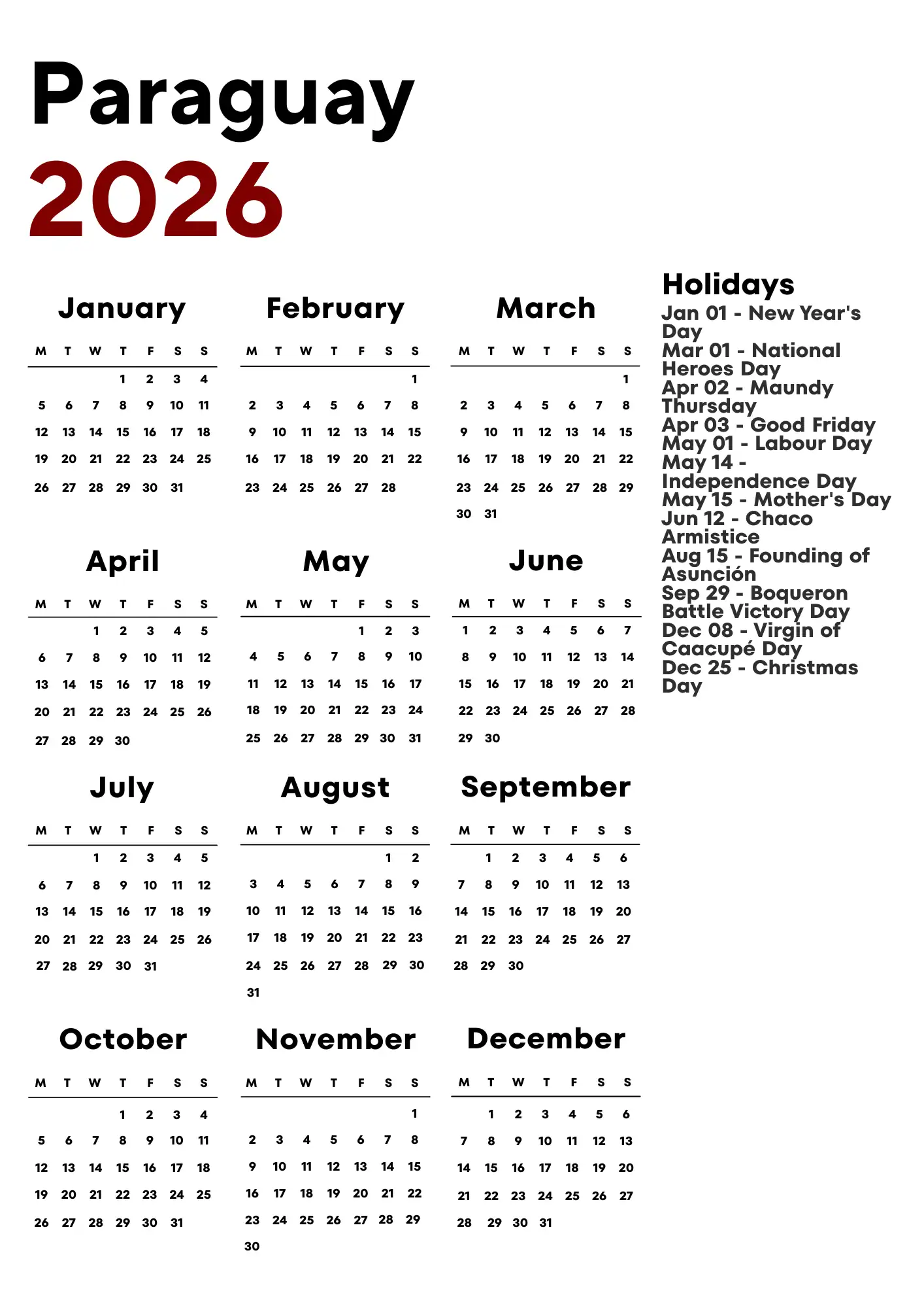 Paraguay Calendar 2026