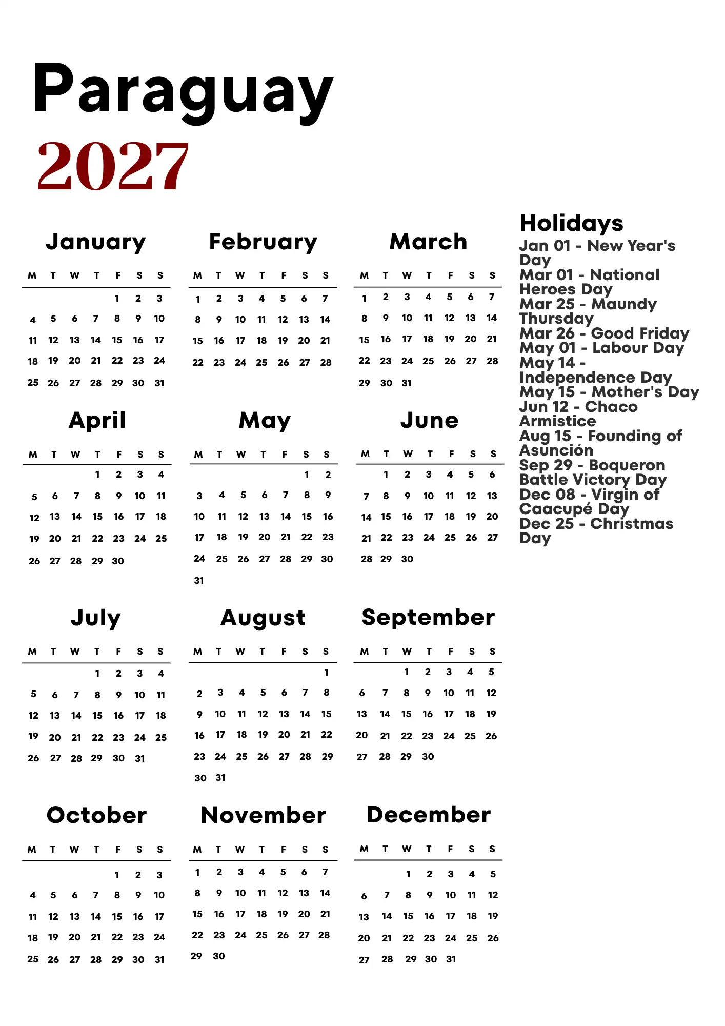 Paraguay Calendar 2027