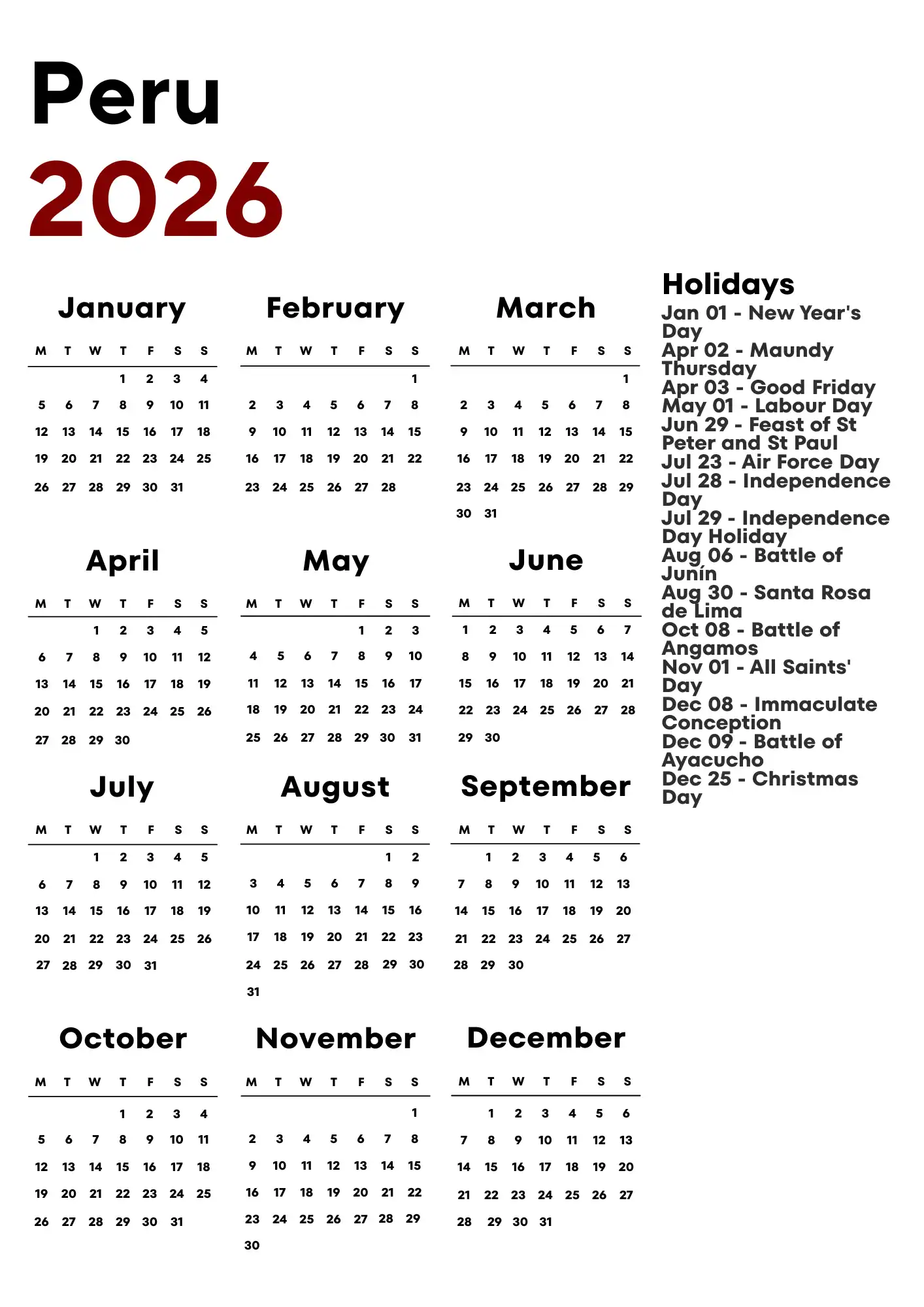 Peru Calendar 2026
