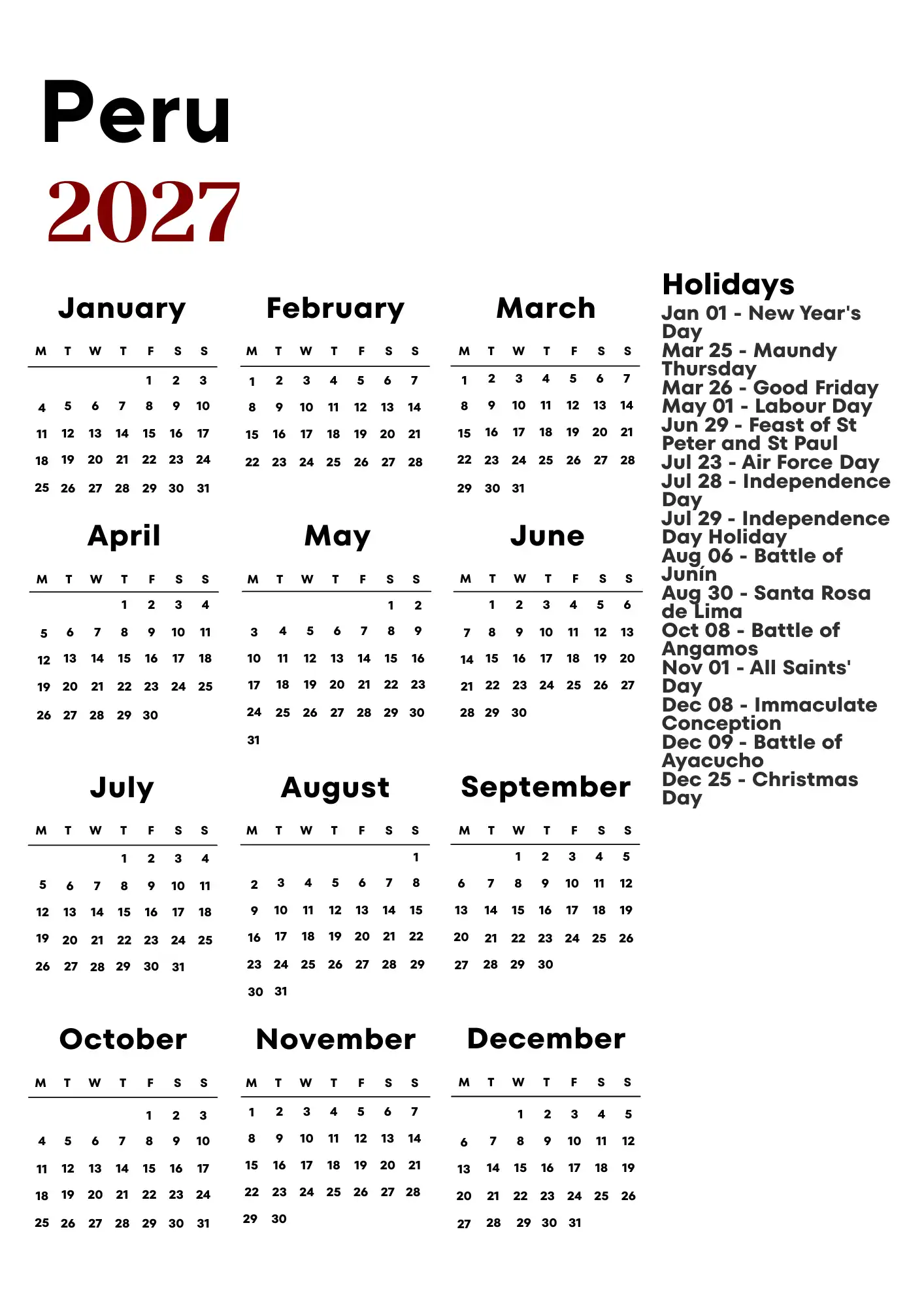 Peru Calendar 2027