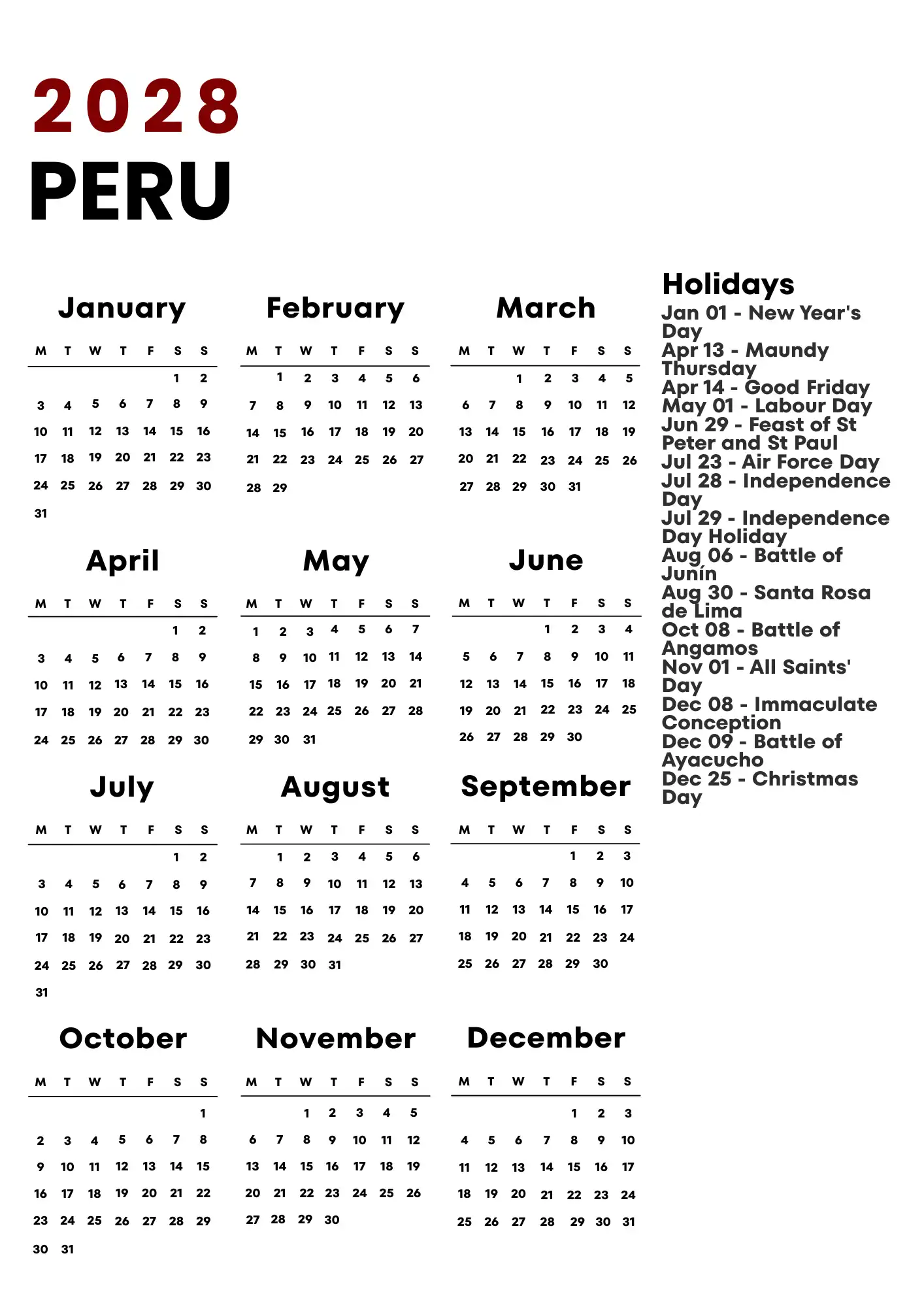 Peru Calendar 2028