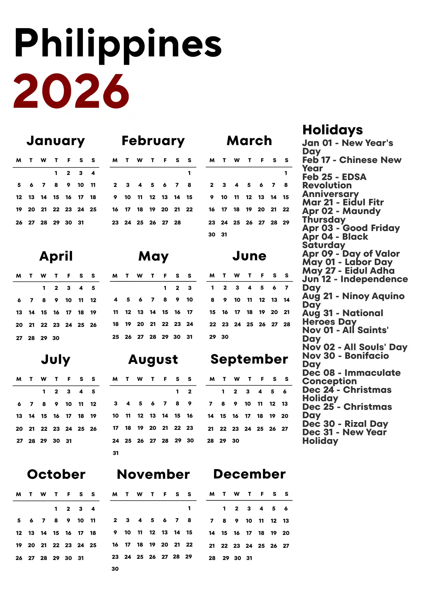Philippines Calendar 2026