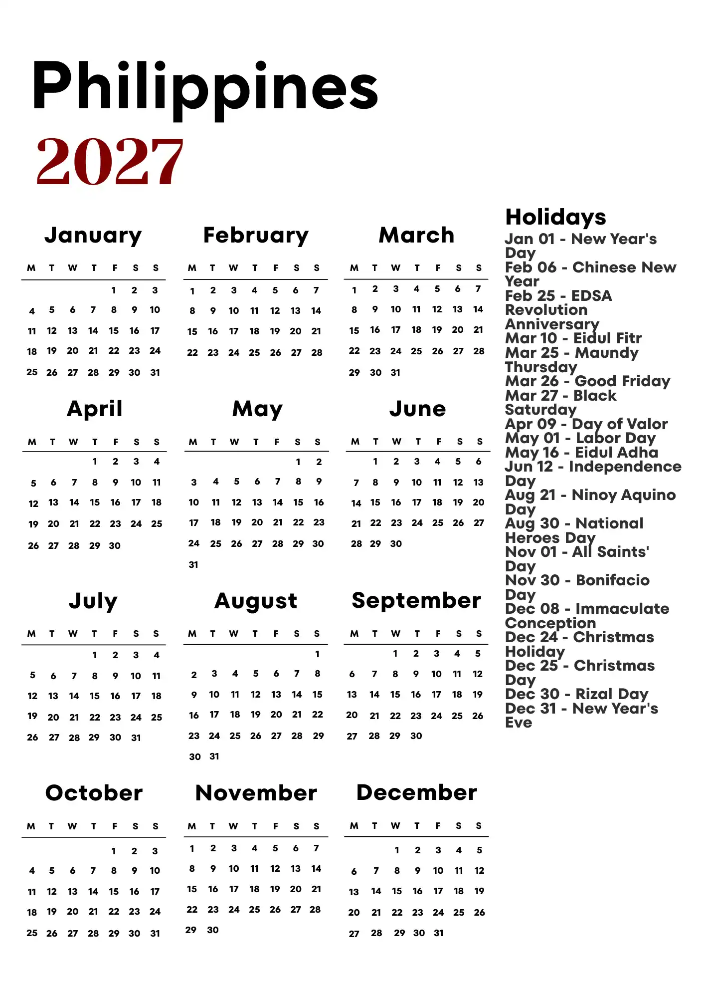 Philippines Calendar 2027