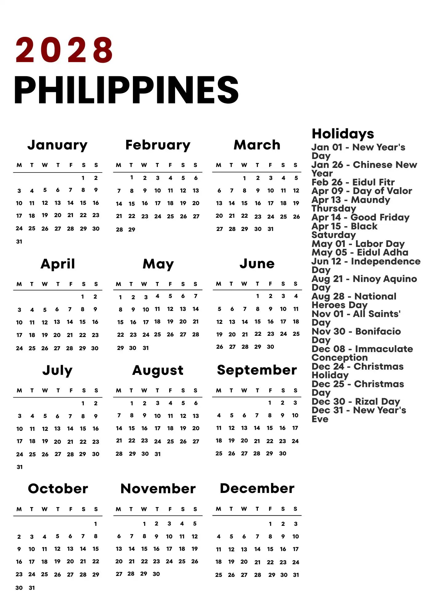 Philippines Calendar 2028