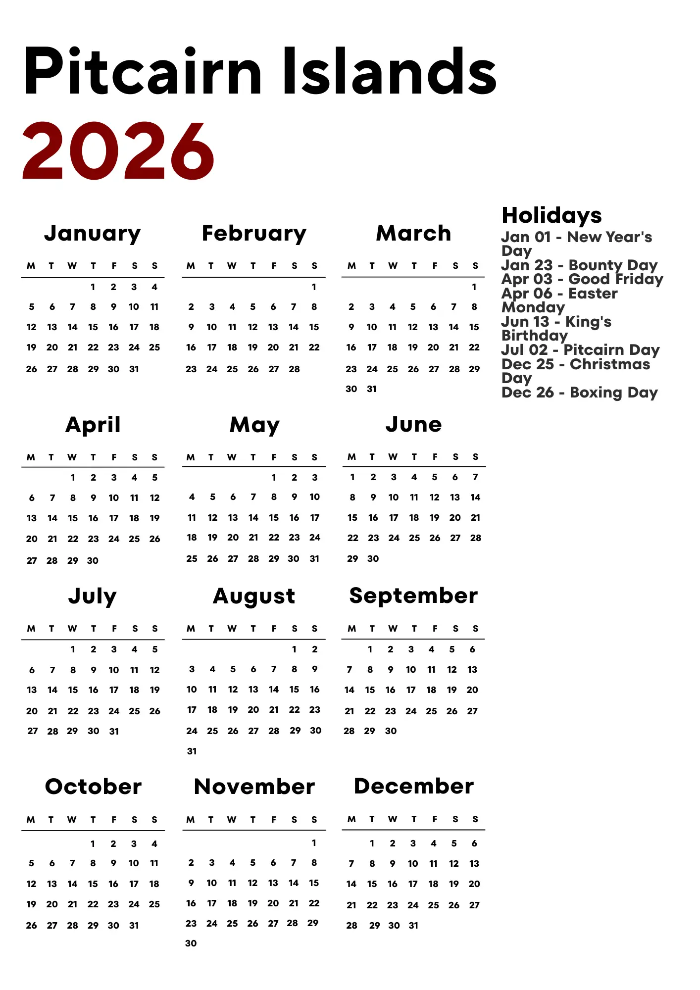 Pitcairn Islands Calendar 2026