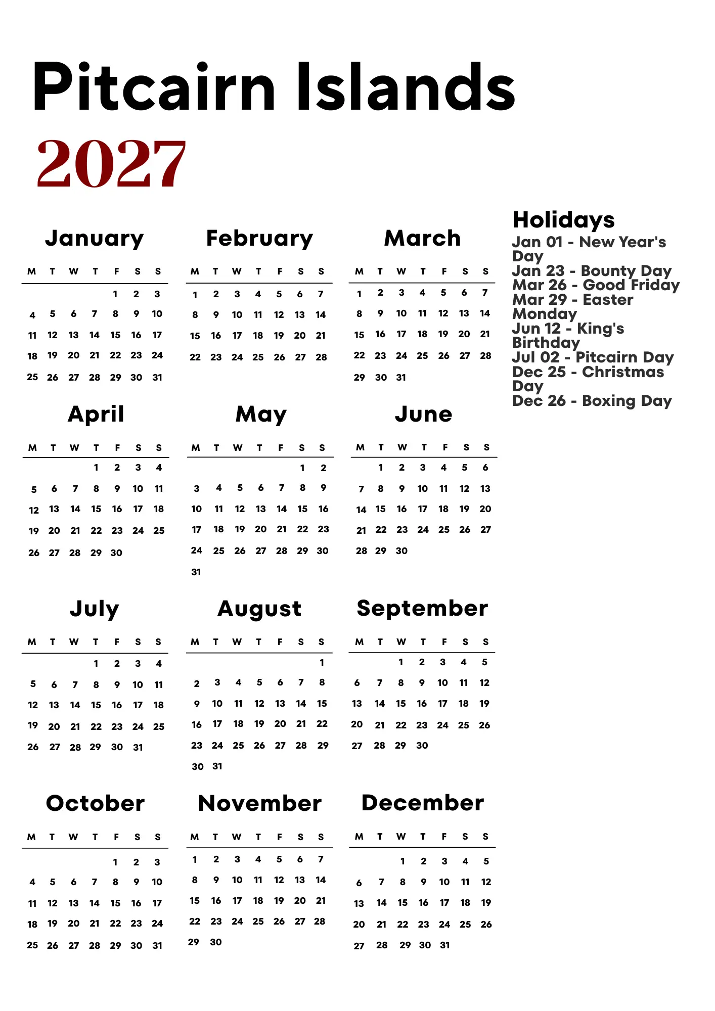 Pitcairn Islands Calendar 2027