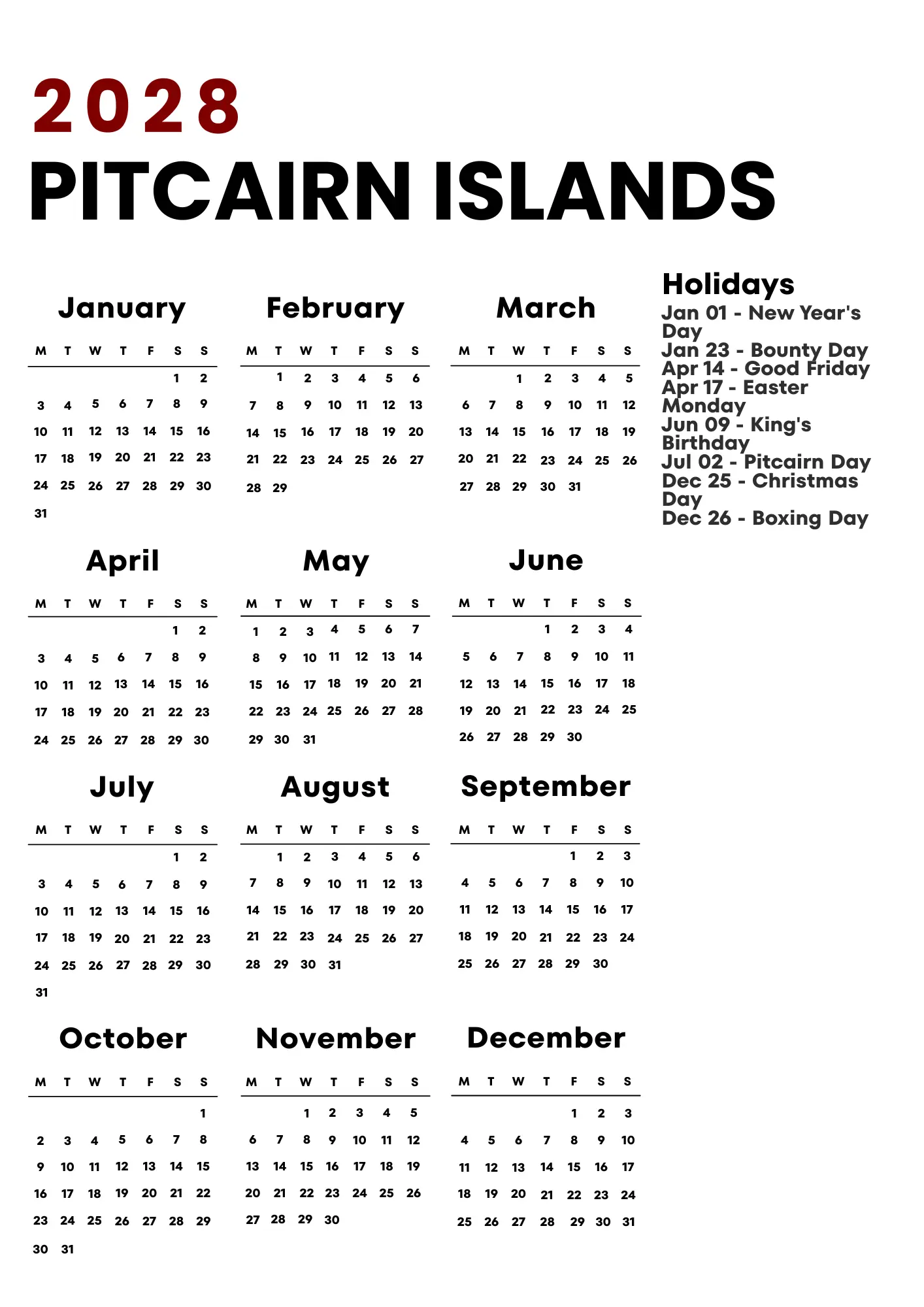 Pitcairn Islands Calendar 2028