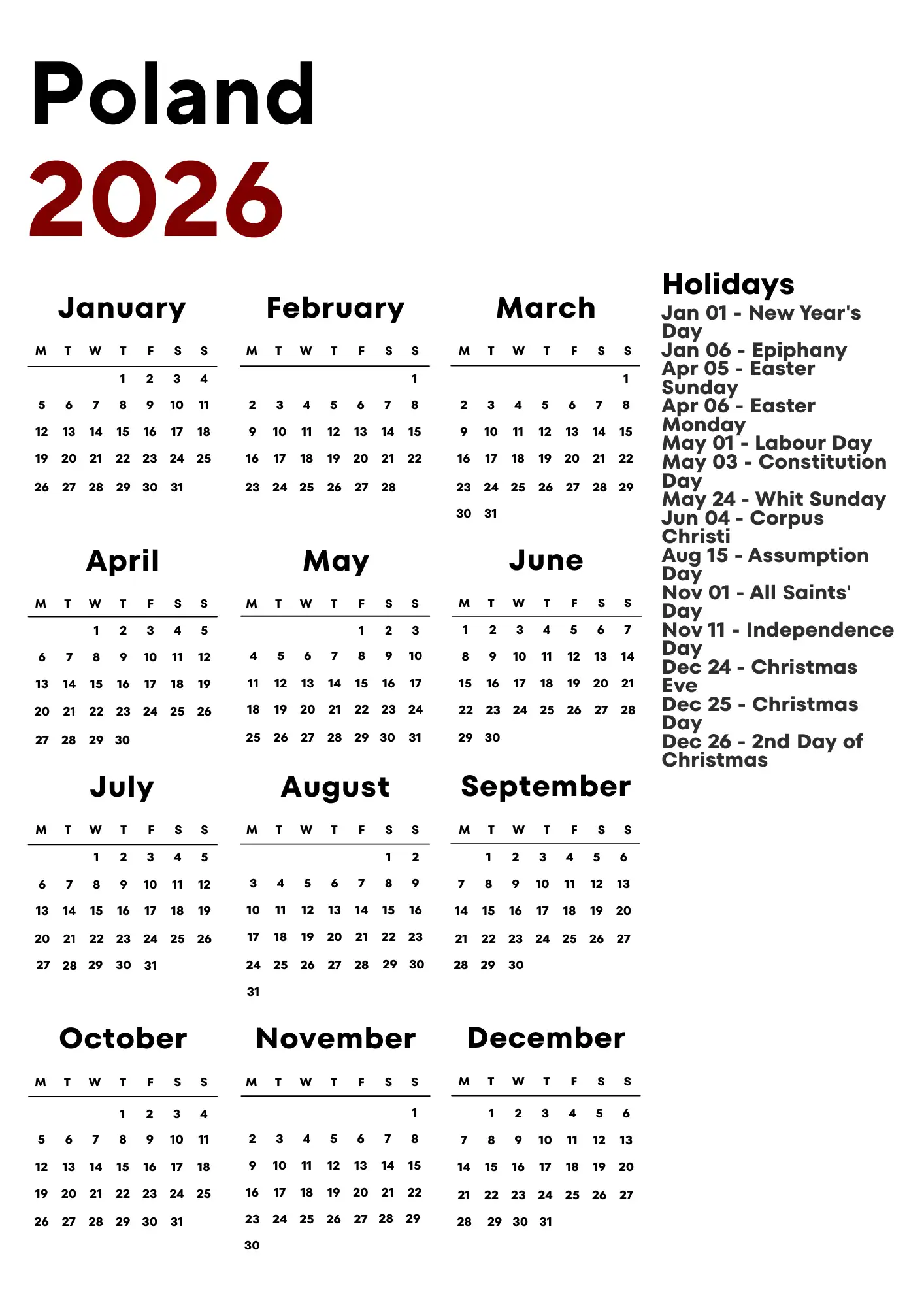 Poland Calendar 2026