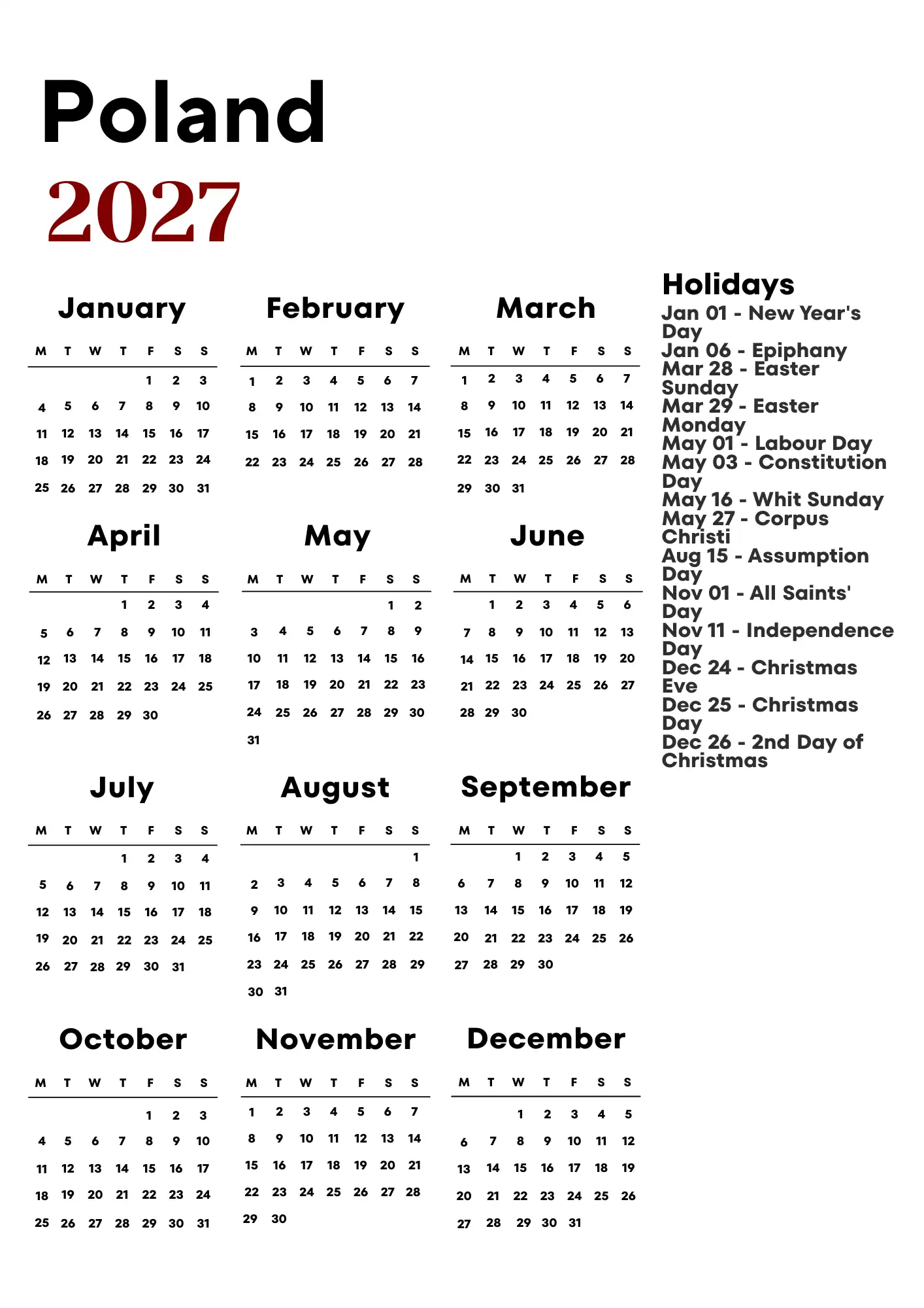 Poland Calendar 2027