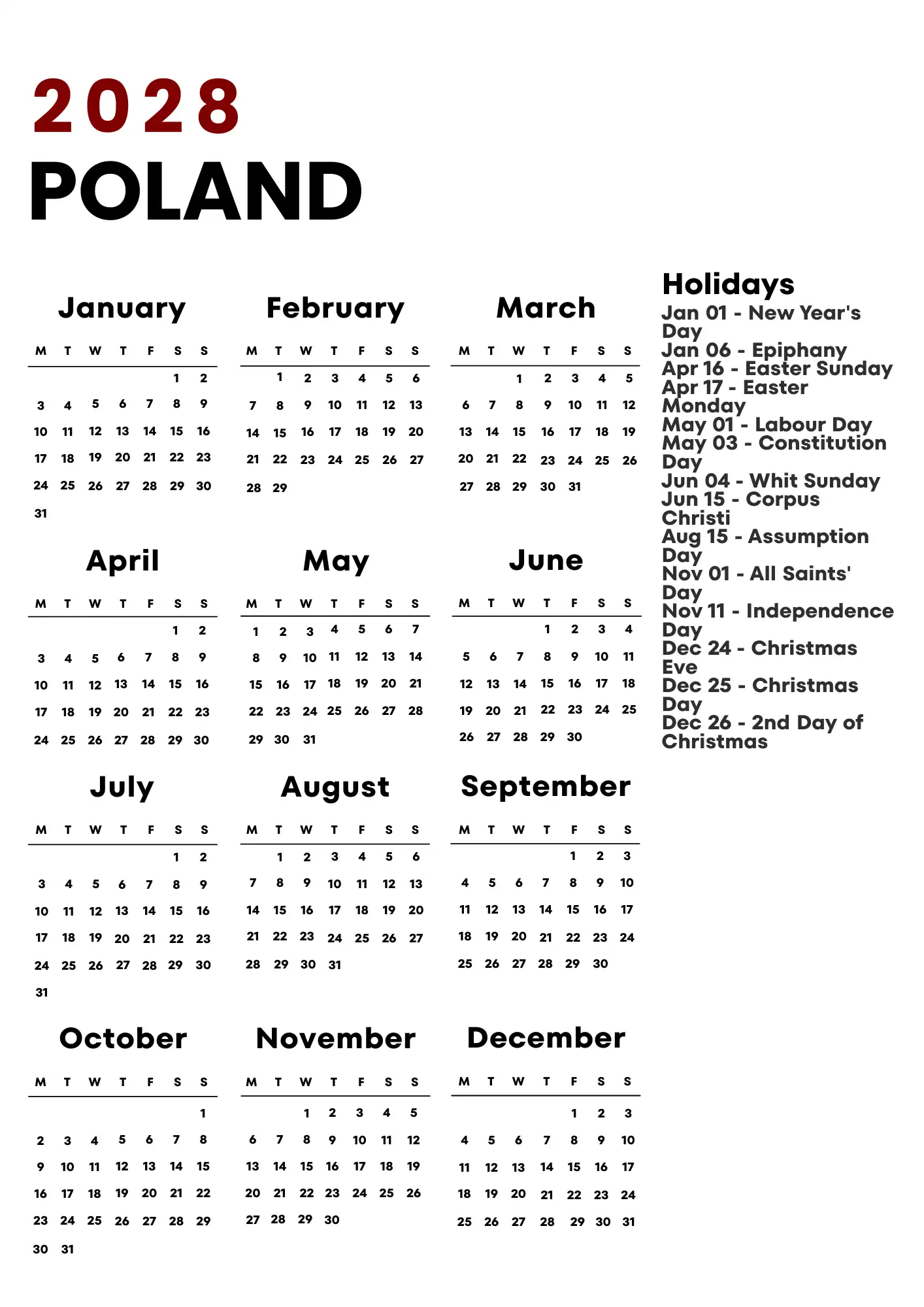 Poland Calendar 2028
