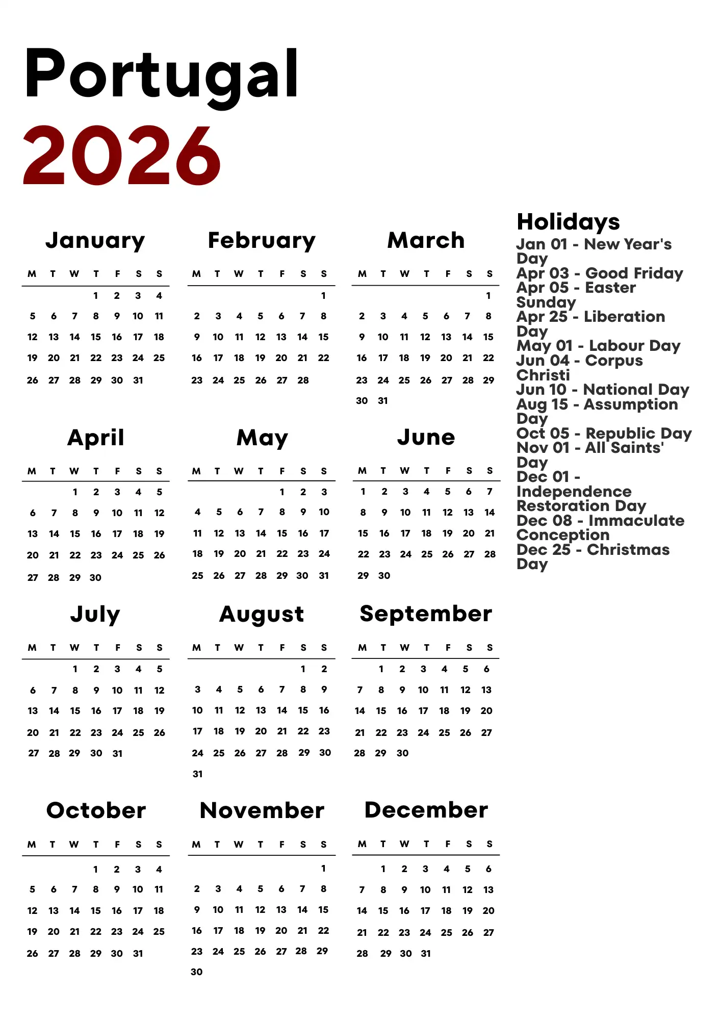 Portugal Calendar 2026