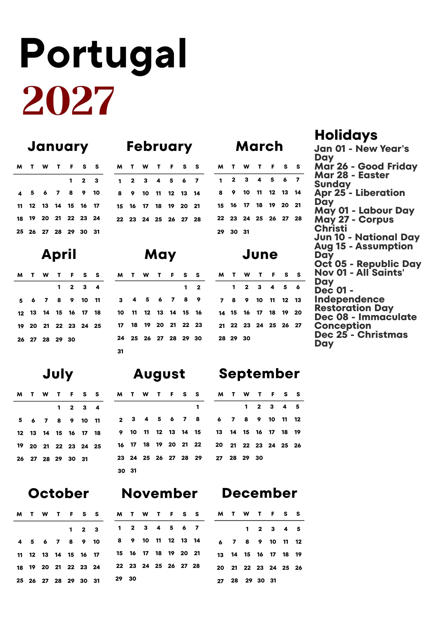 Portugal Calendar 2027