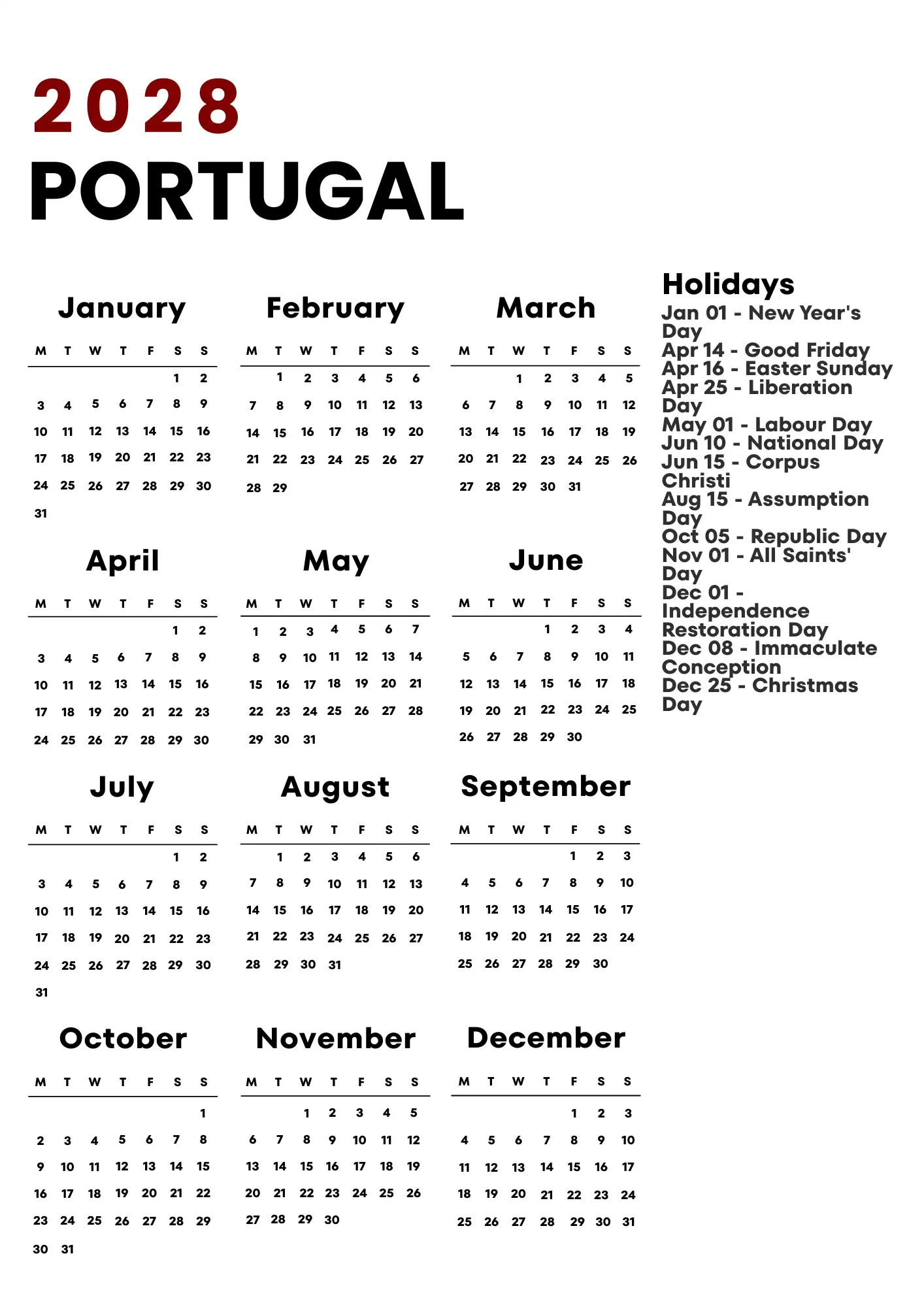 Portugal Calendar 2028
