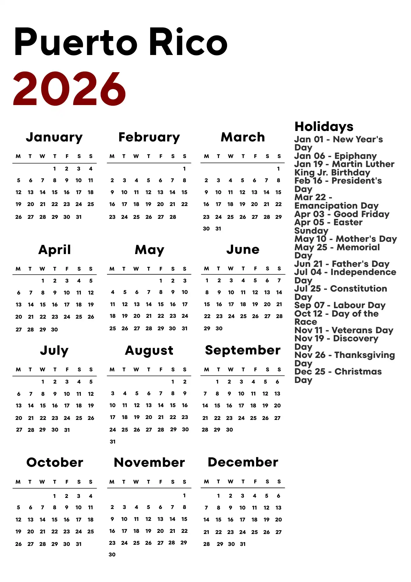Puerto Rico Calendar 2026