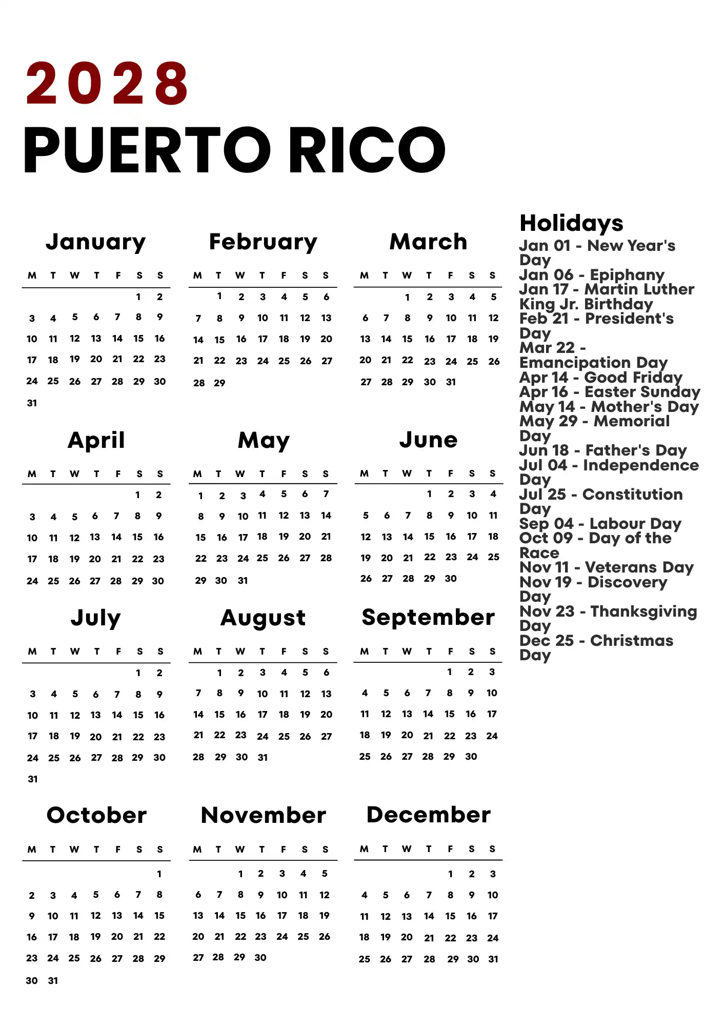 Puerto Rico Calendar 2028