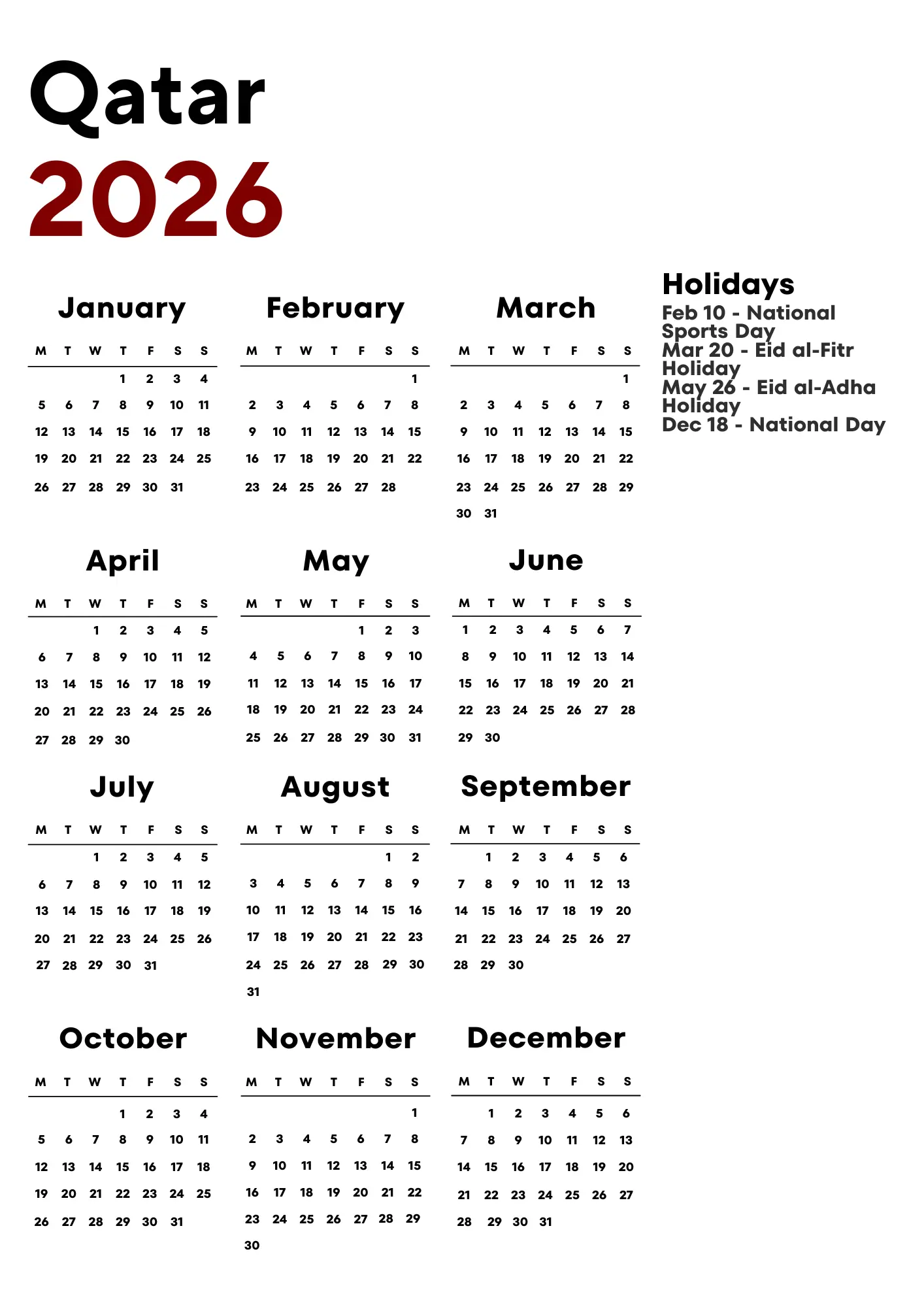 Qatar Calendar 2026