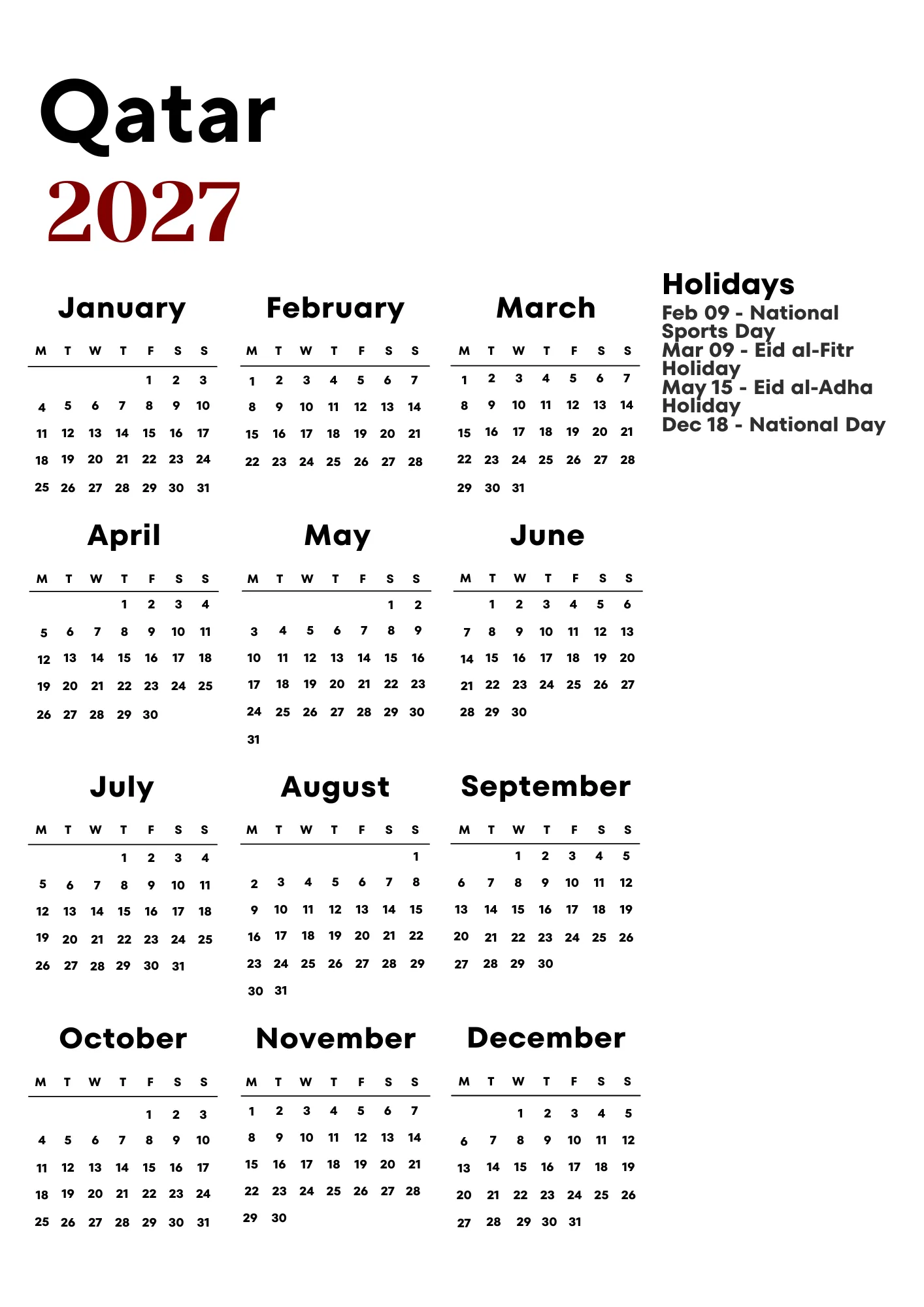 Qatar Calendar 2027