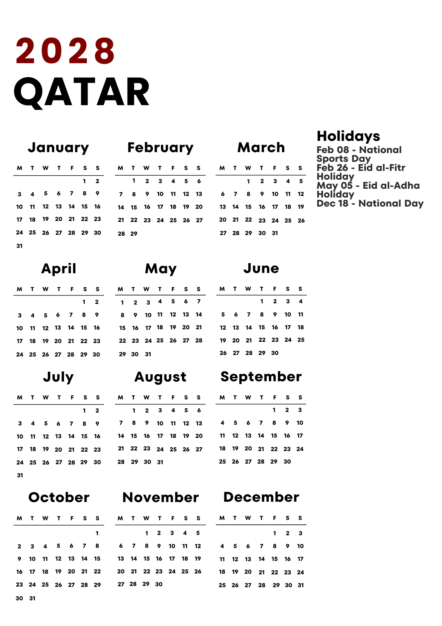 Qatar Calendar 2028