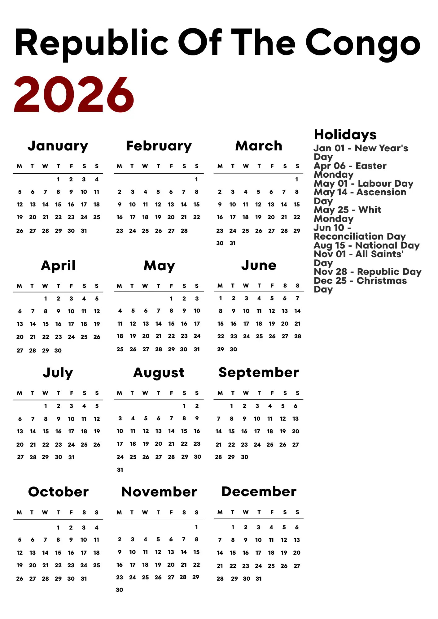 Republic Of The Congo Calendar 2026